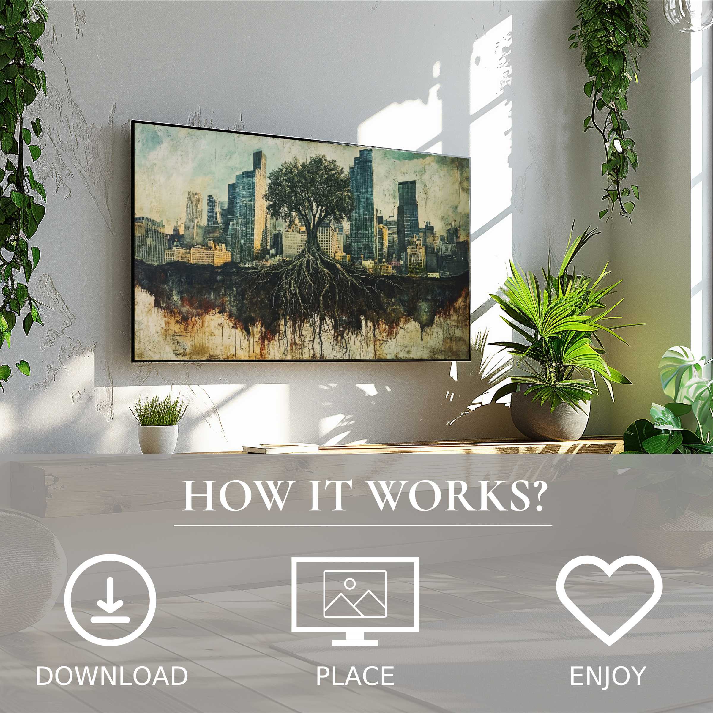 Modern living room with street art for Samsung TV showing a tree-root cityscape motif, easy digital download enriches space