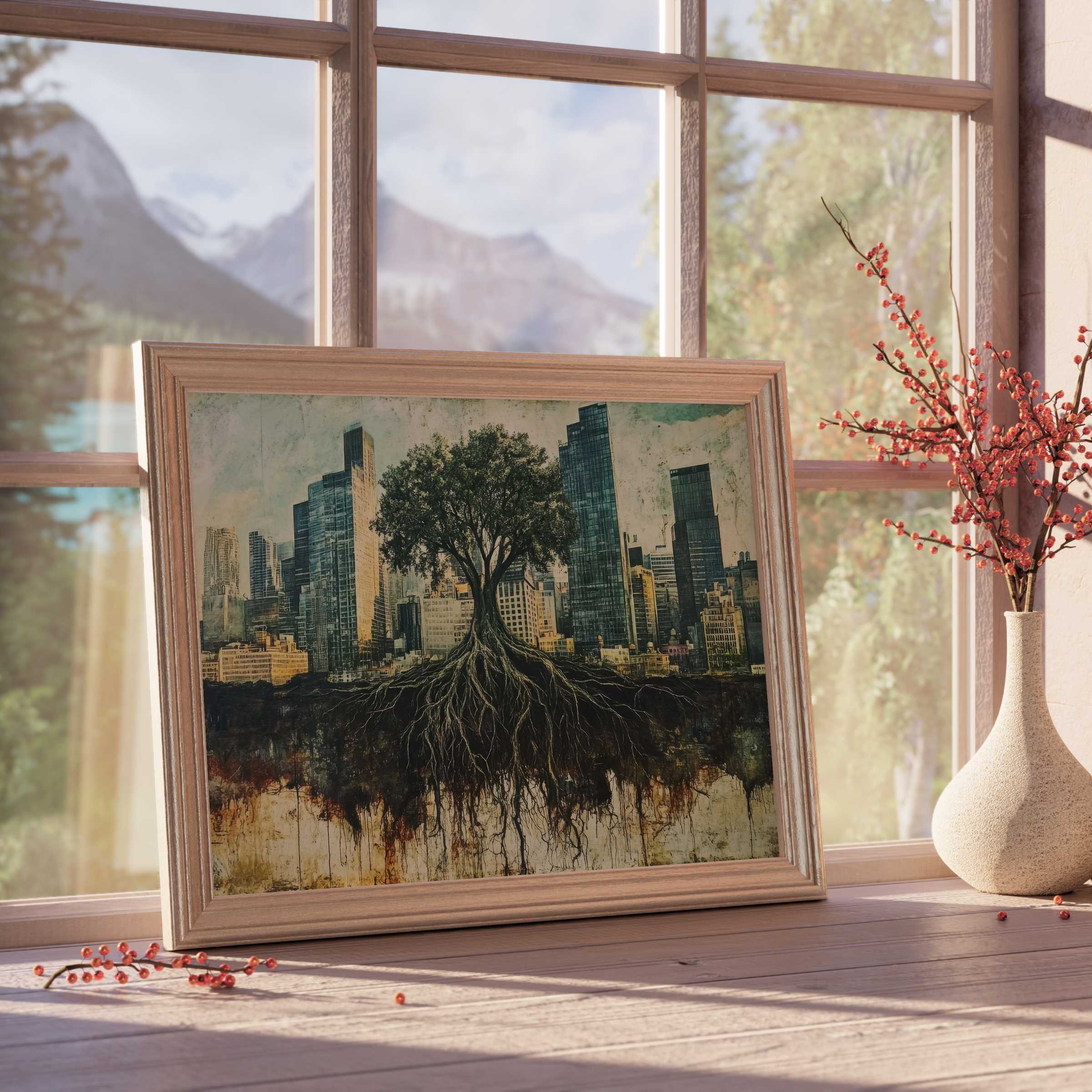 Urban vitality meets nature’s calm in this street art downloadable art, framed to elevate modern, curated interiors
