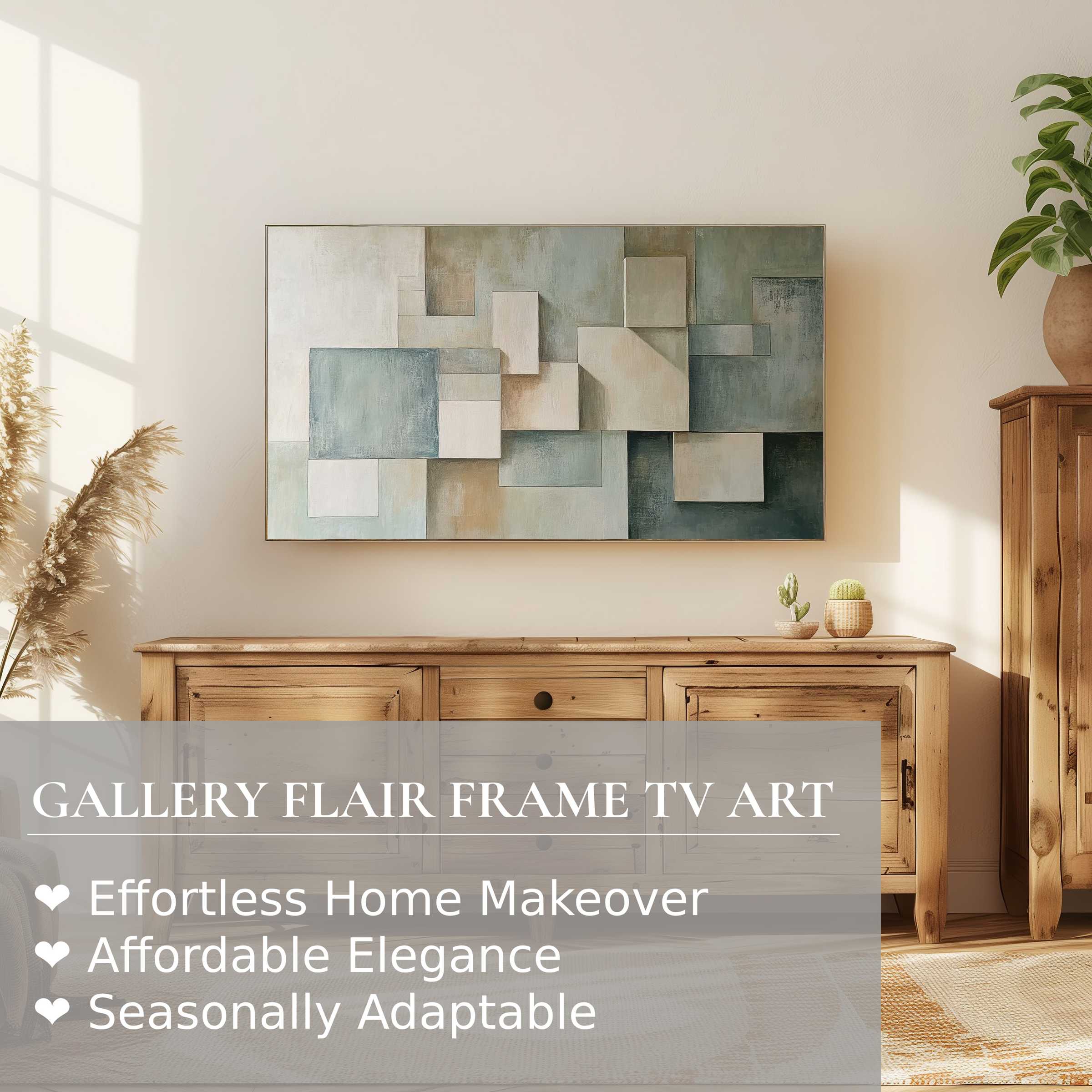 Samsung Frame TV showcasing modern digital artwork in a serene, elegant living space with natural wood tones