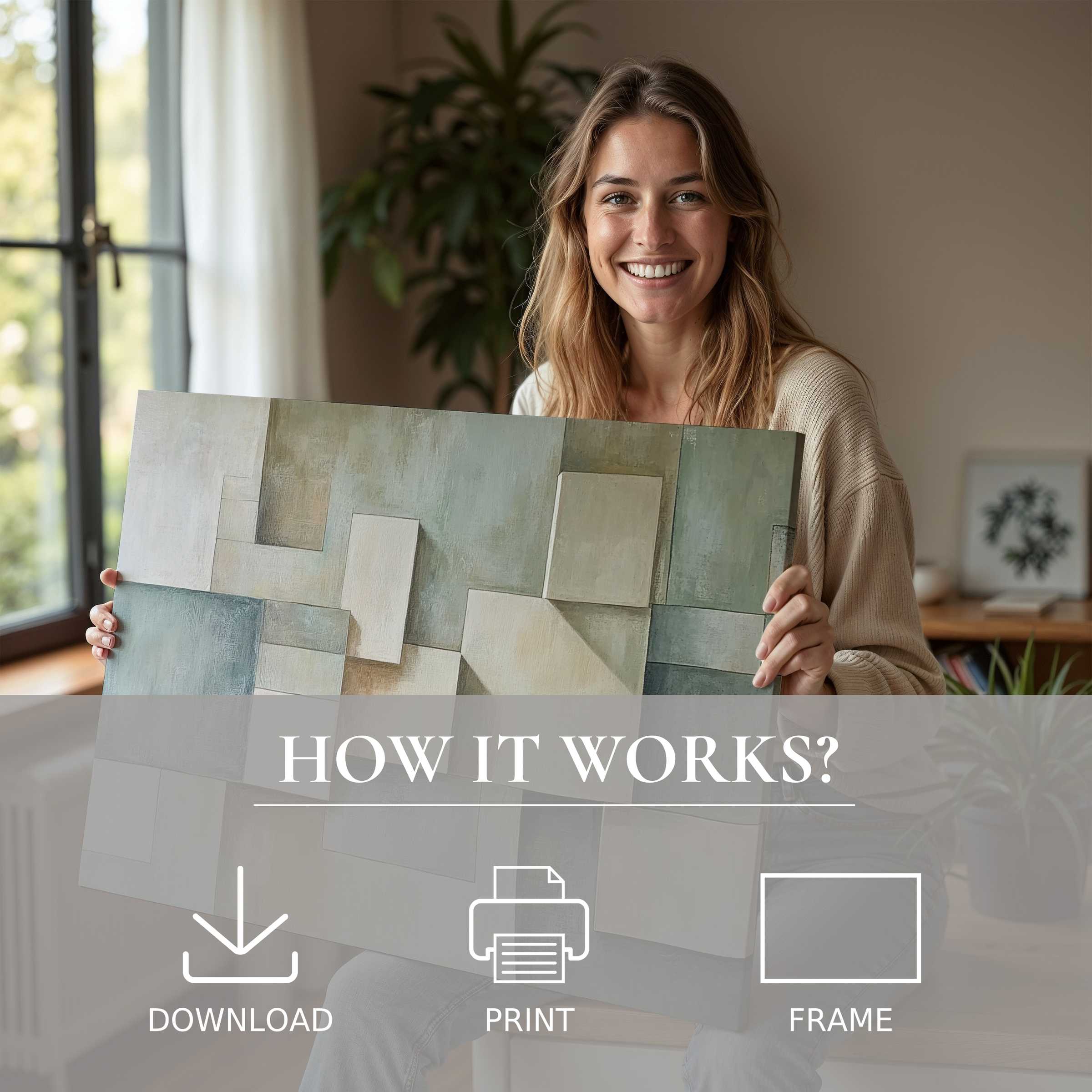 A modern digital art print radiates calm elegance as a woman cherishes its subtle geometric beauty in a sunlit, stylish home