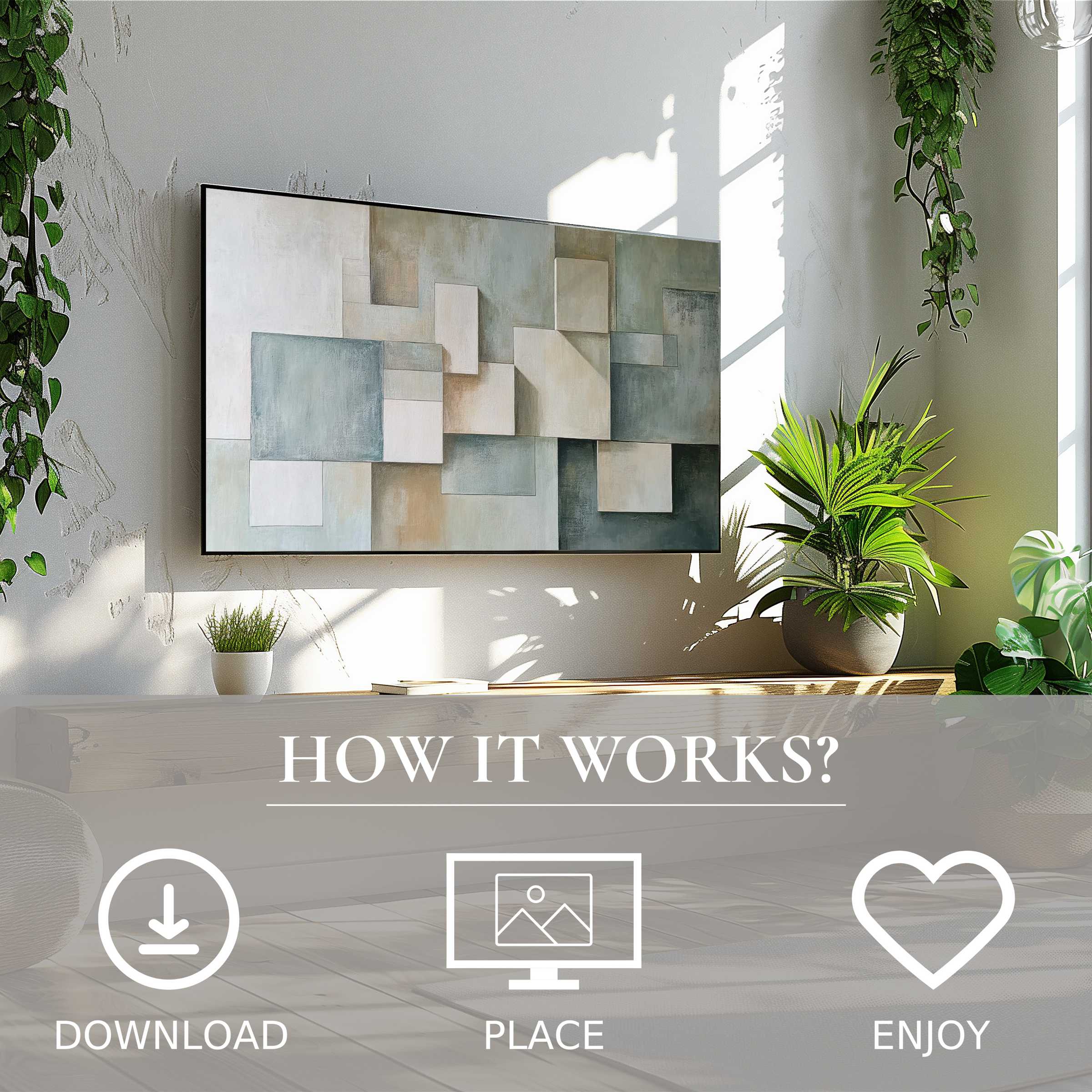 Modern art for Samsung TV with soft neutral tones, easy digital download, enriching your living space with style