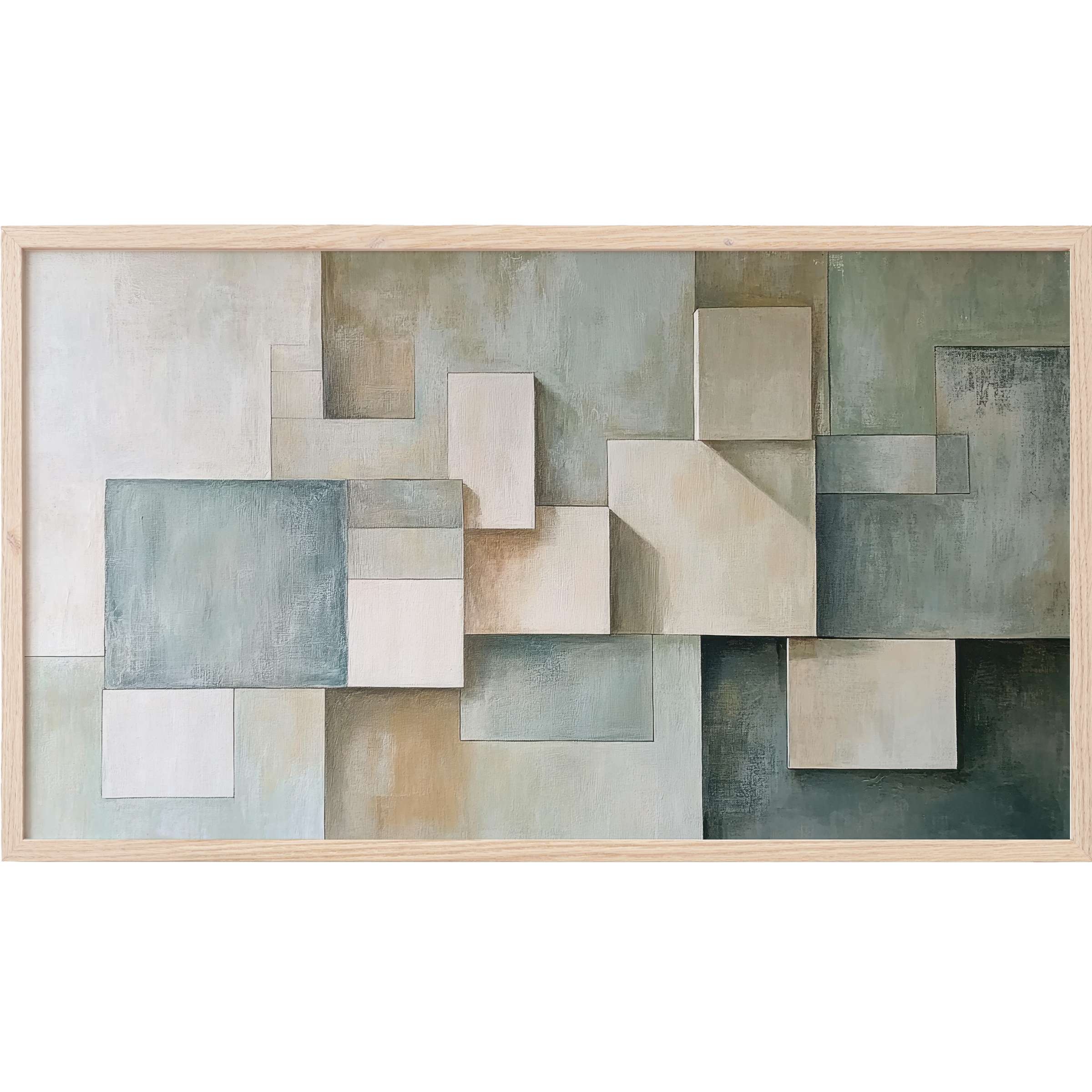 Modern Frame TV Art featuring layered rectangles in muted blues, greens, and beiges with a textured, minimalist style
