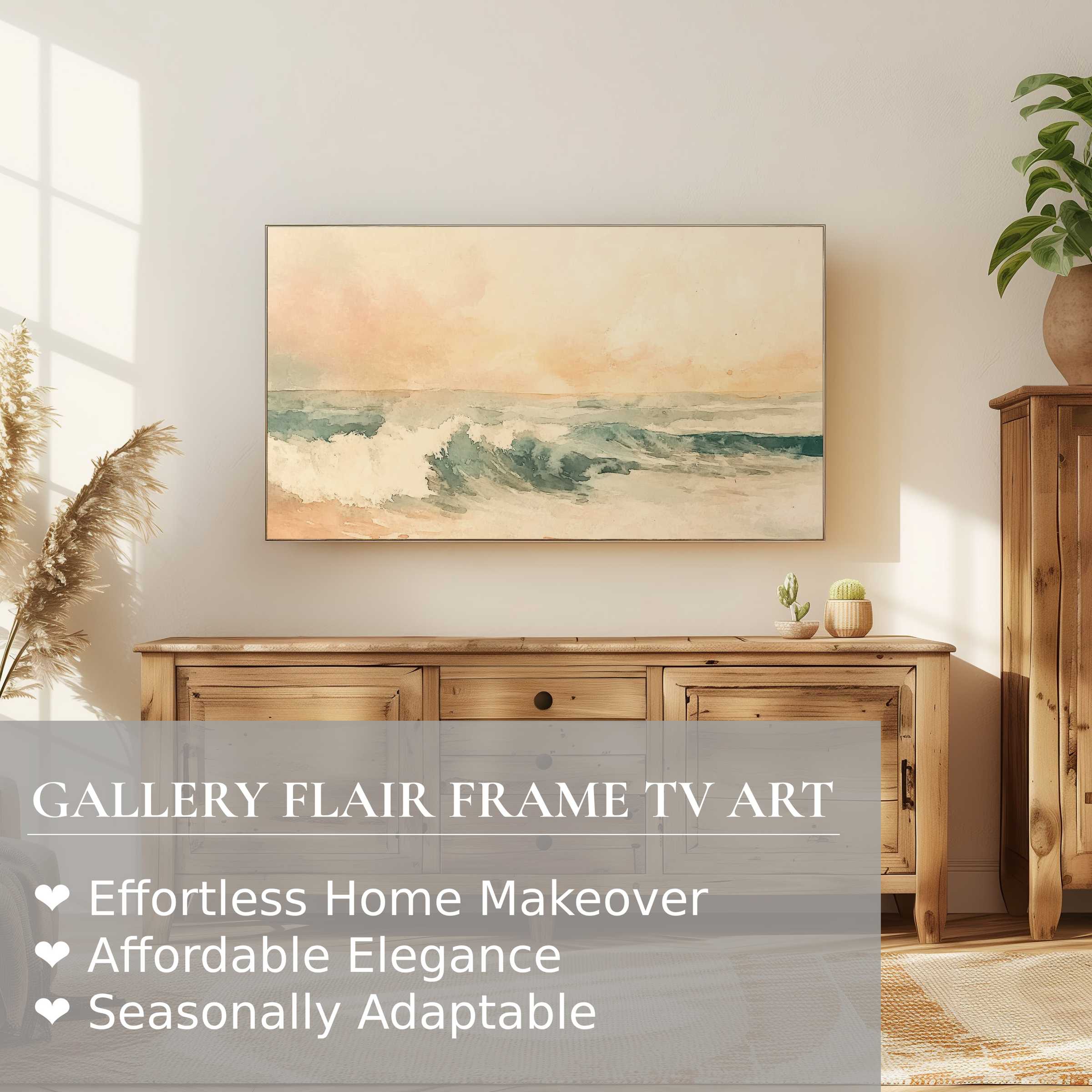 Samsung Frame TV displaying subtle summer digital artwork of serene waves in a warm, modern living space