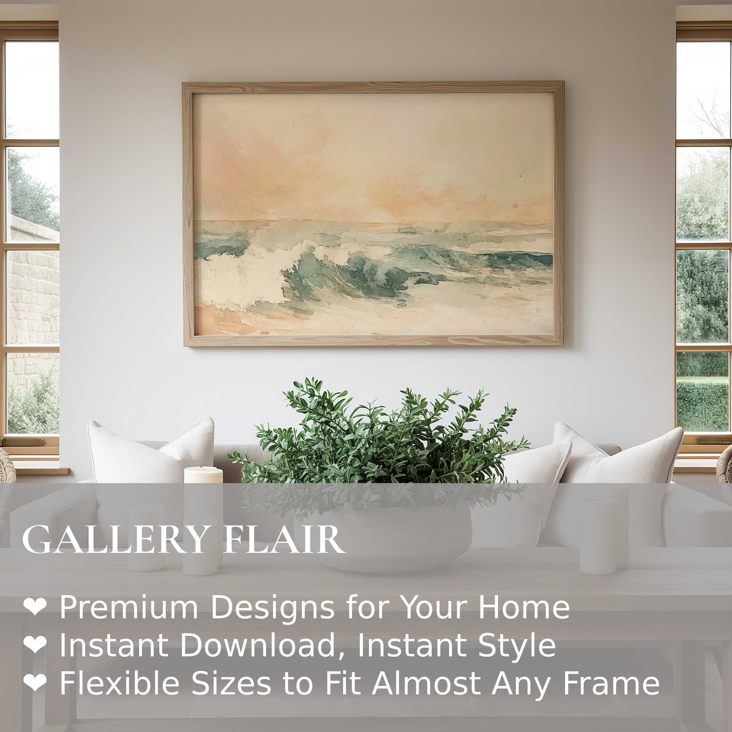 Serene summer wall art print capturing soft ocean waves in muted pastels, enhancing modern coastal interiors with calming, airy elegance