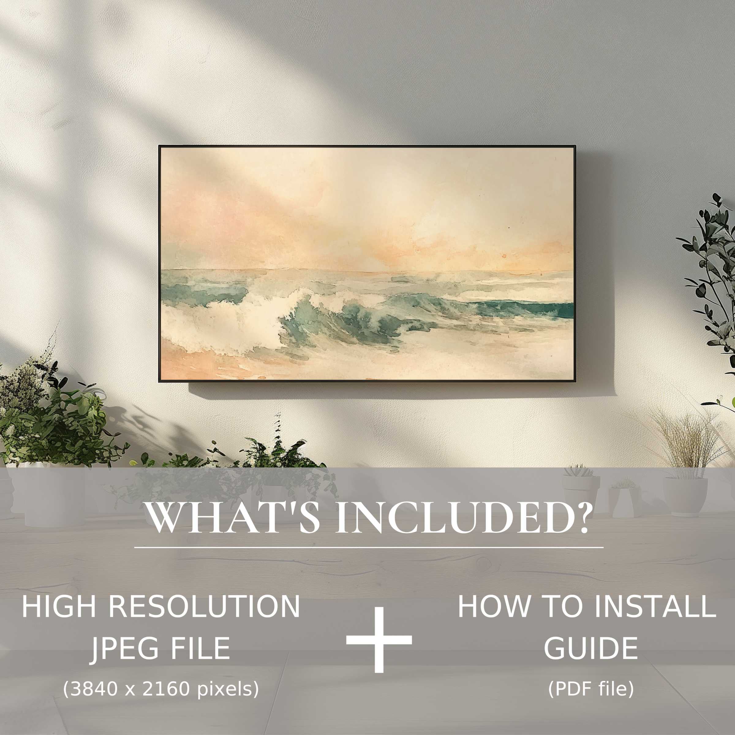 Elegant summer digital TV art download with soothing waves, easily enhancing your living space with effortless digital use