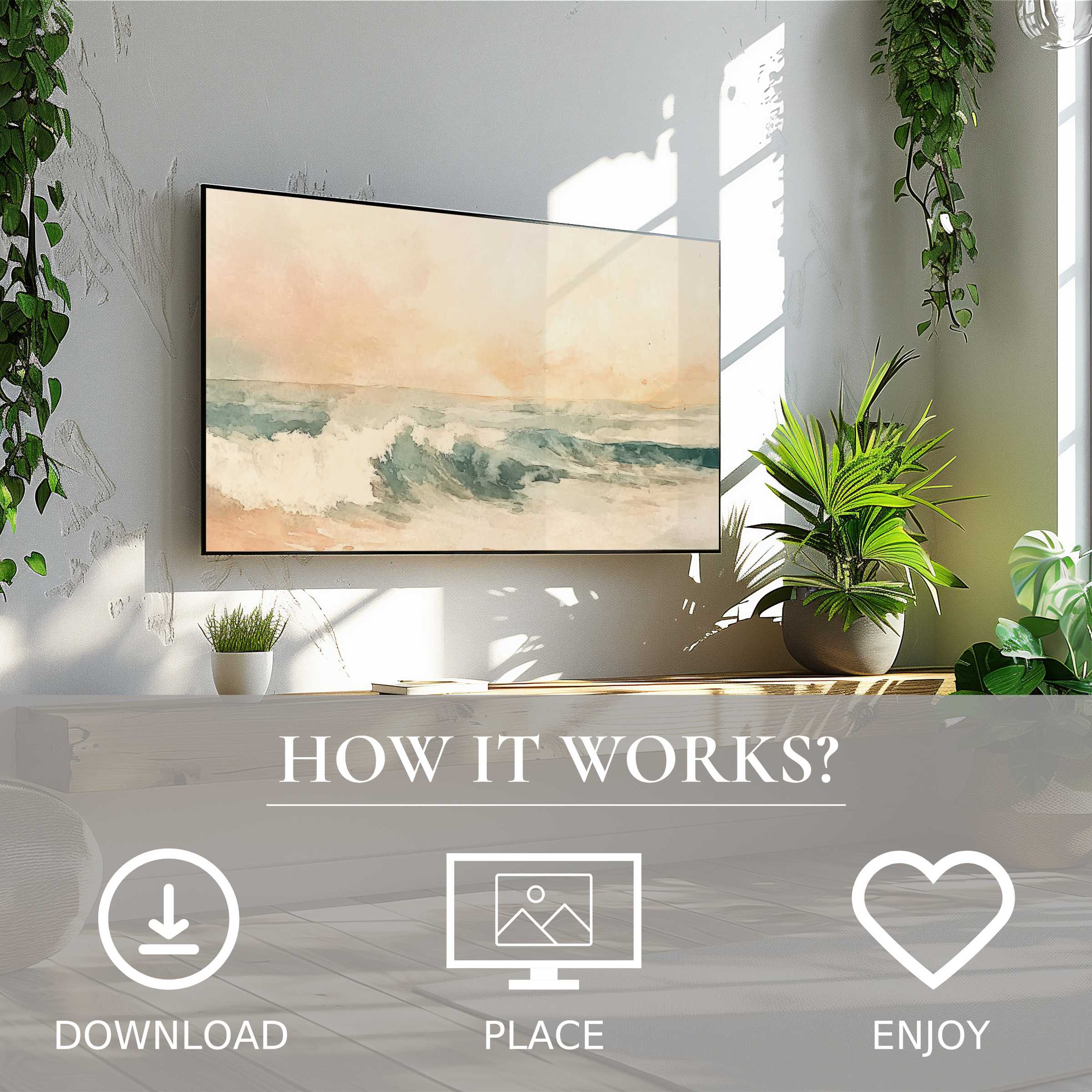 Summer art for Samsung TV shows soft sunset tones on waves; easy digital download enriches modern, plant-filled living space