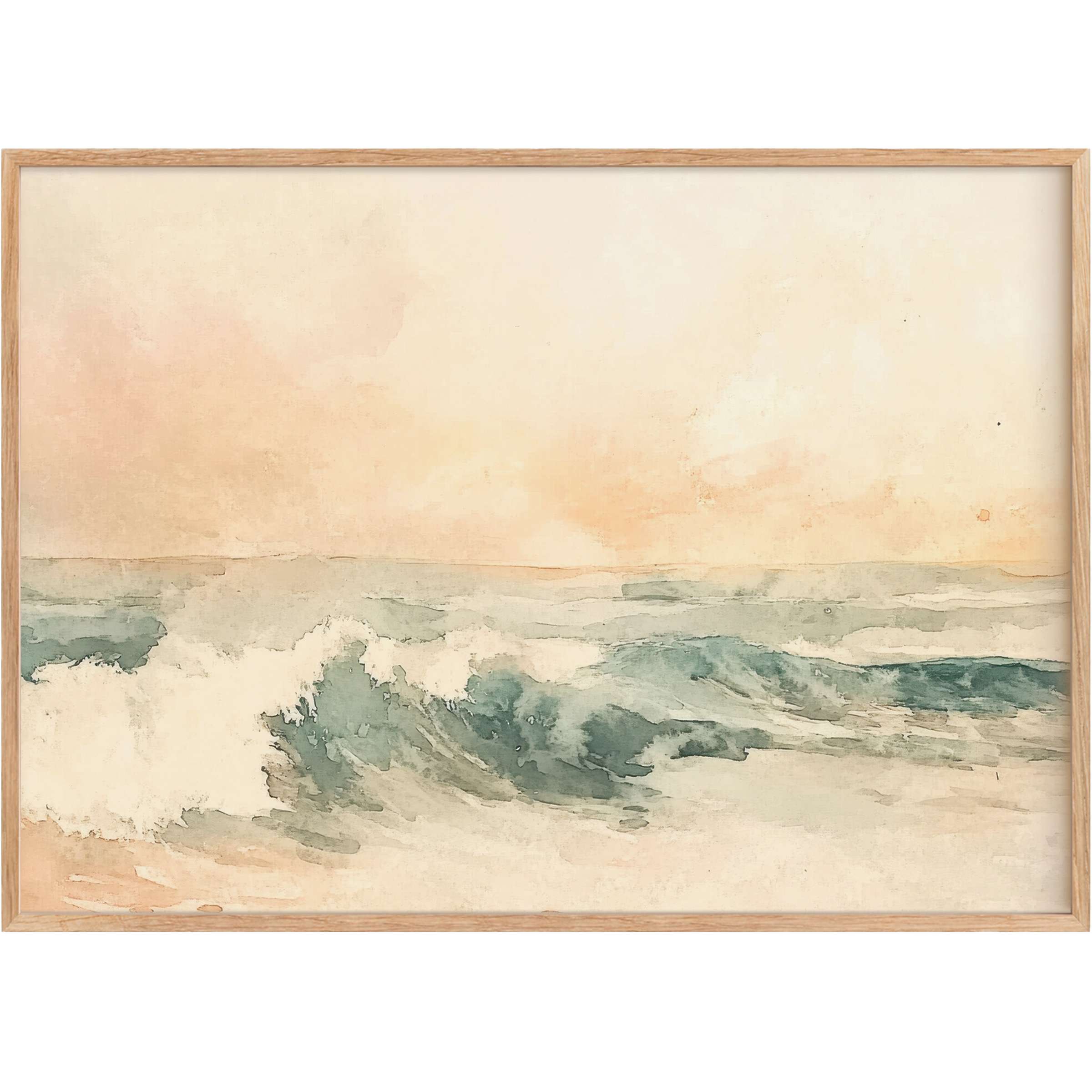 Serene summer printable wall art capturing gentle sea waves in soft blues and warm peach hues for a calming, elegant ambiance