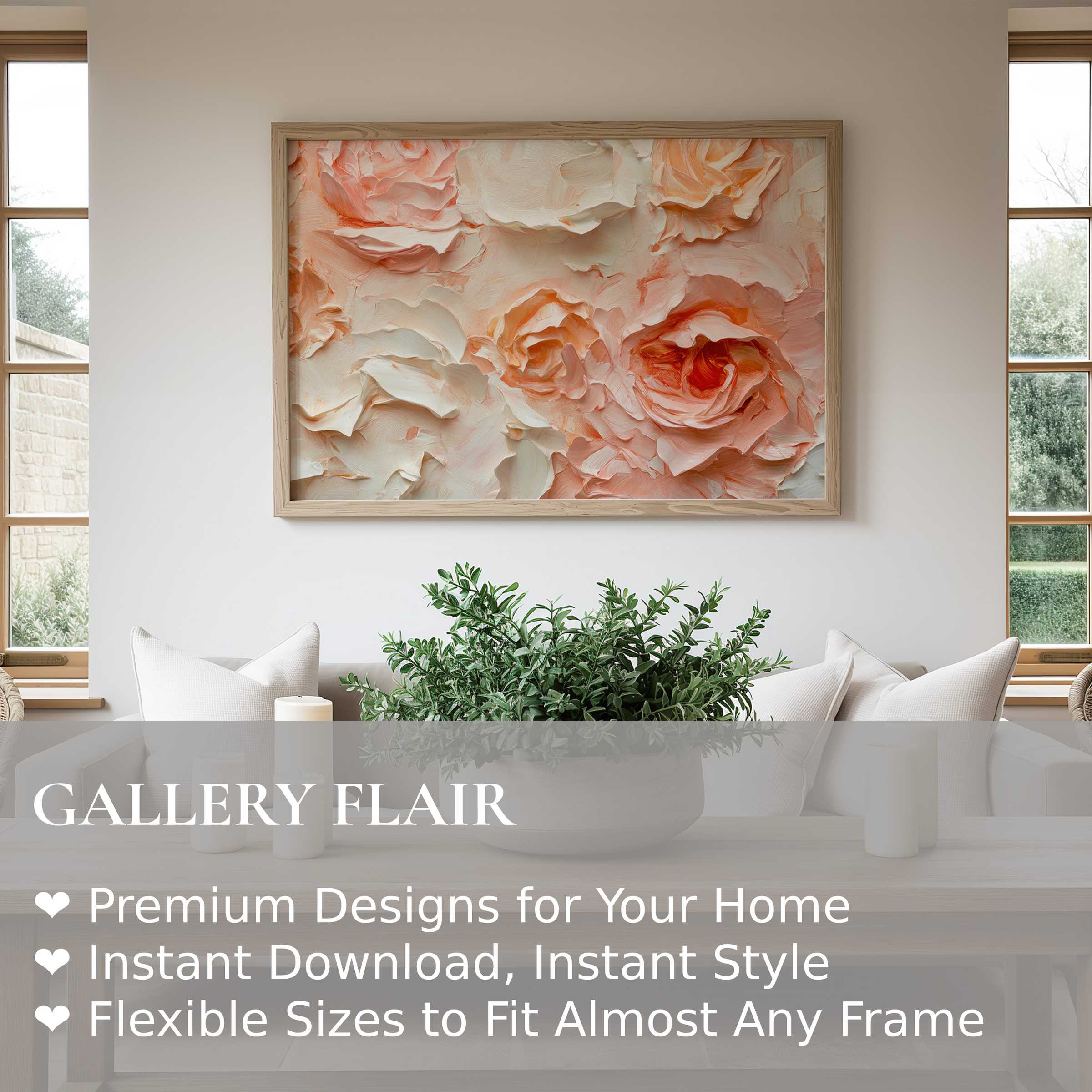 Soft coral and cream floral wall art print with textured petals, enriching a modern minimalist living room with serene, elegant charm