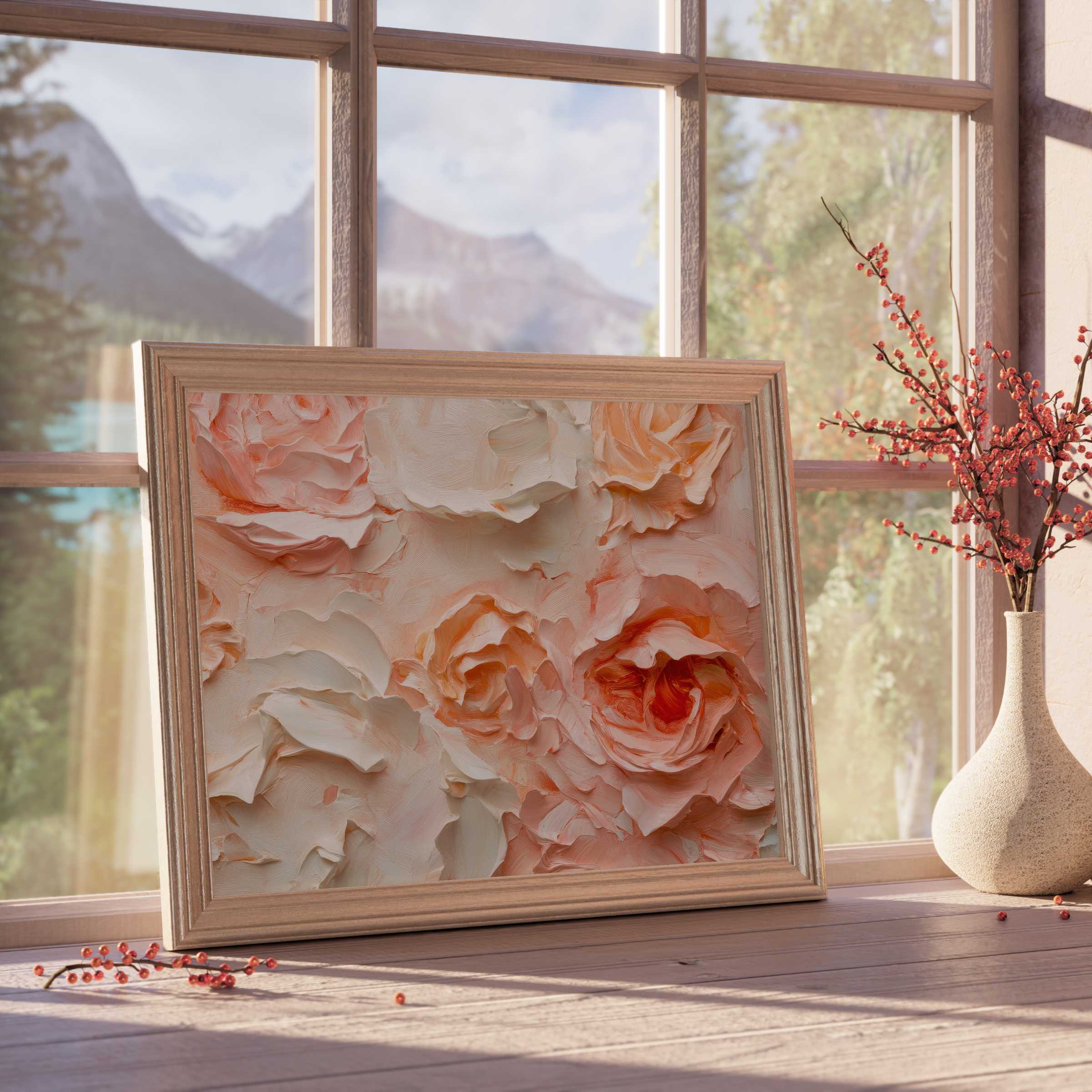 Floral downloadable art with textured peach roses, elevating serene, curated interiors with warm, elegant charm and refined botanical beauty