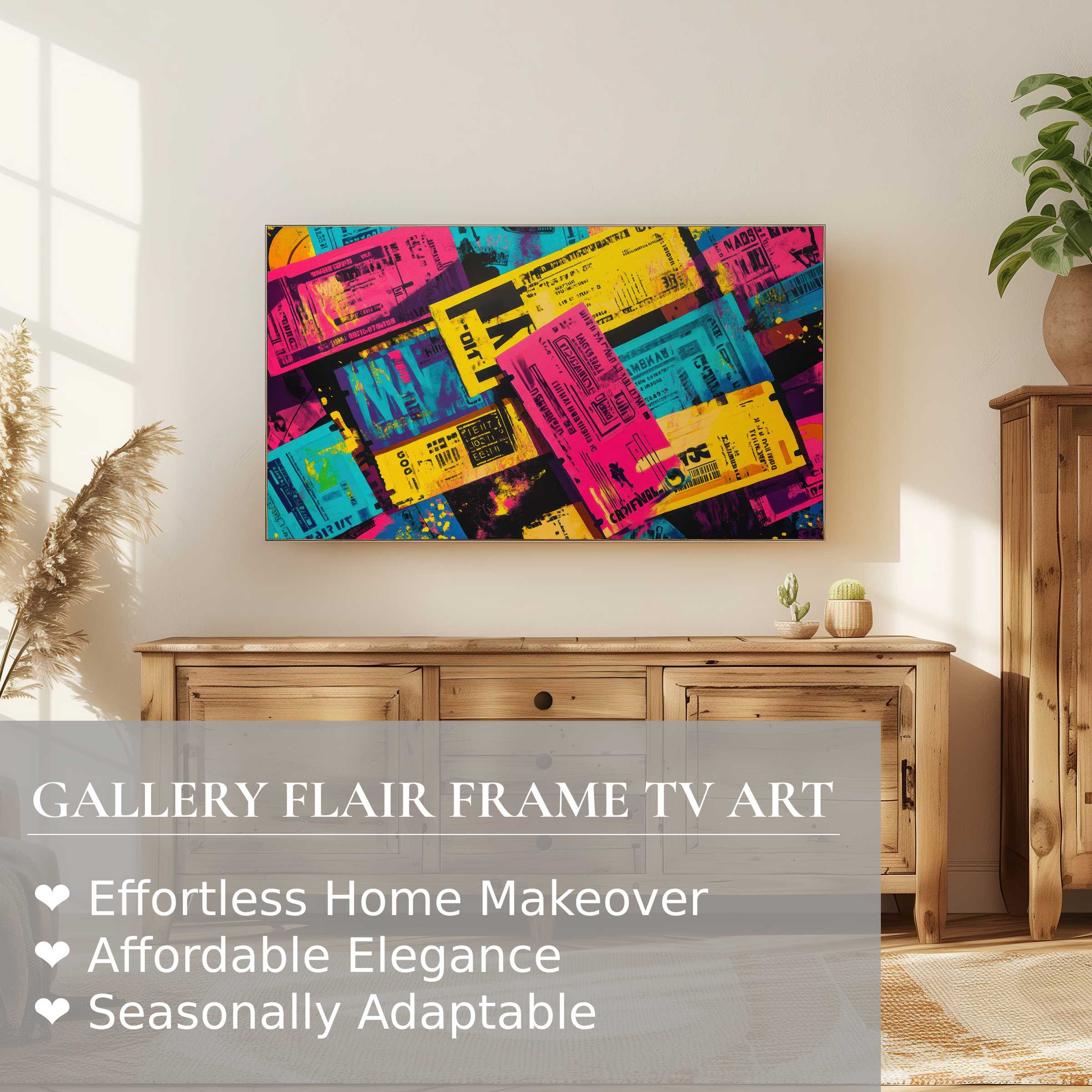 Samsung Frame TV showcasing vibrant, colorful pop art digital artwork in a stylish, modern living space