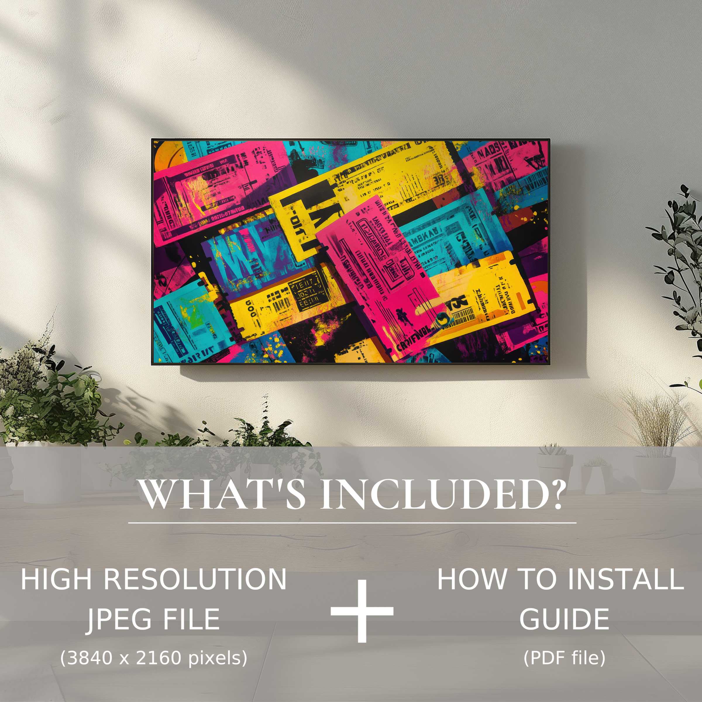 Modern living room with vibrant pop art digital TV art download, effortlessly enhancing space via easy digital use
