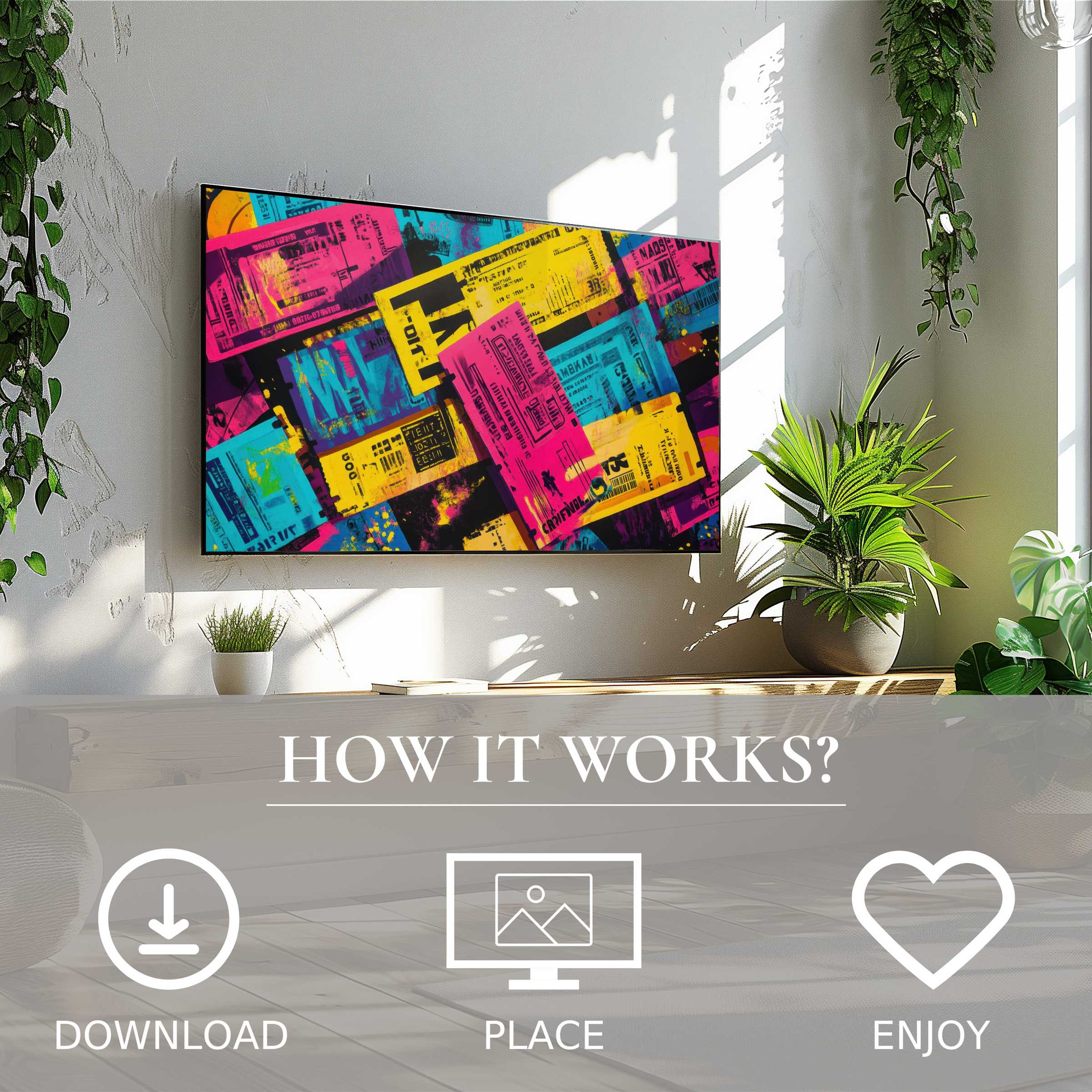 Pop art art for Samsung TV with easy digital download, vibrant color flow enriching modern living spaces
