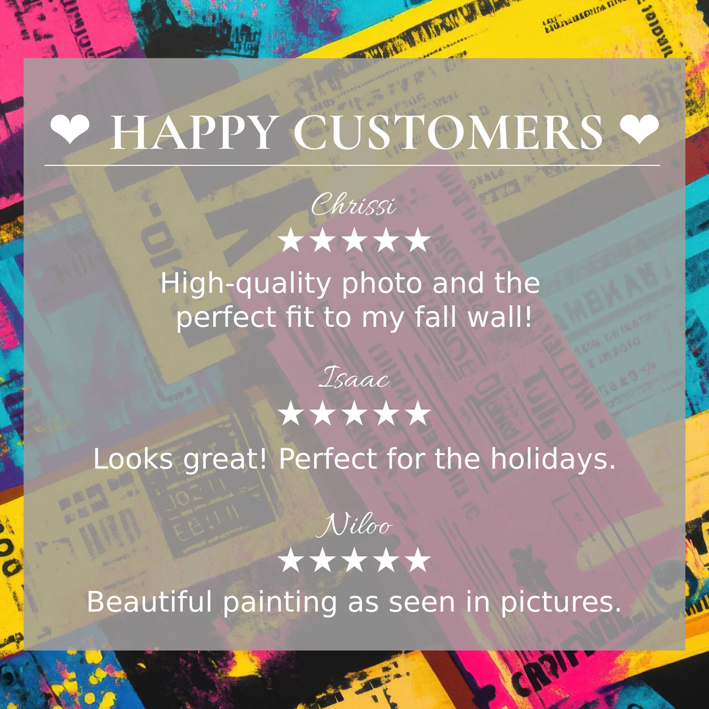 Elegant pop art for Frame TV with vibrant abstract sunset hues, showcasing happy customer reviews to inspire trust