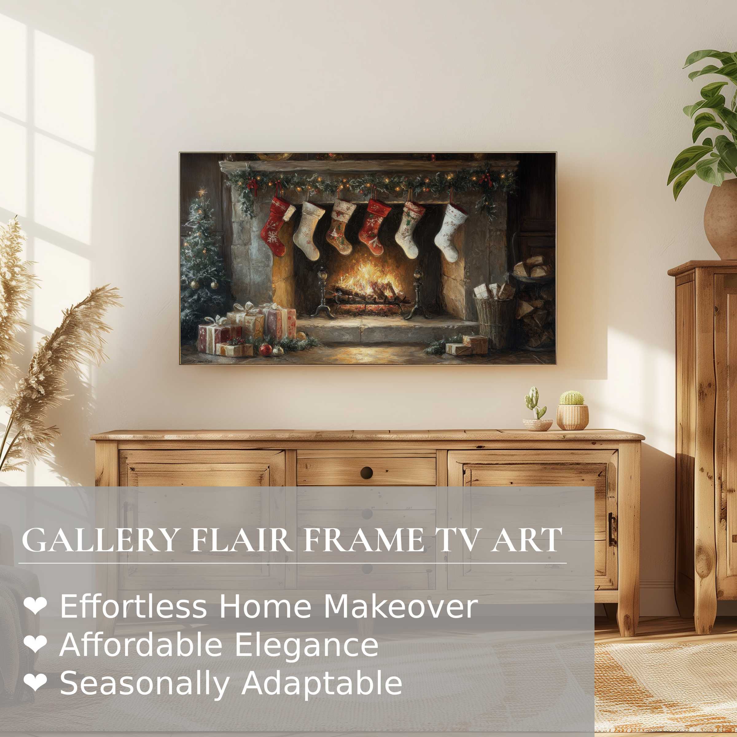 Samsung Frame TV displays cozy christmas digital artwork in a modern, warm living room with natural wooden decor