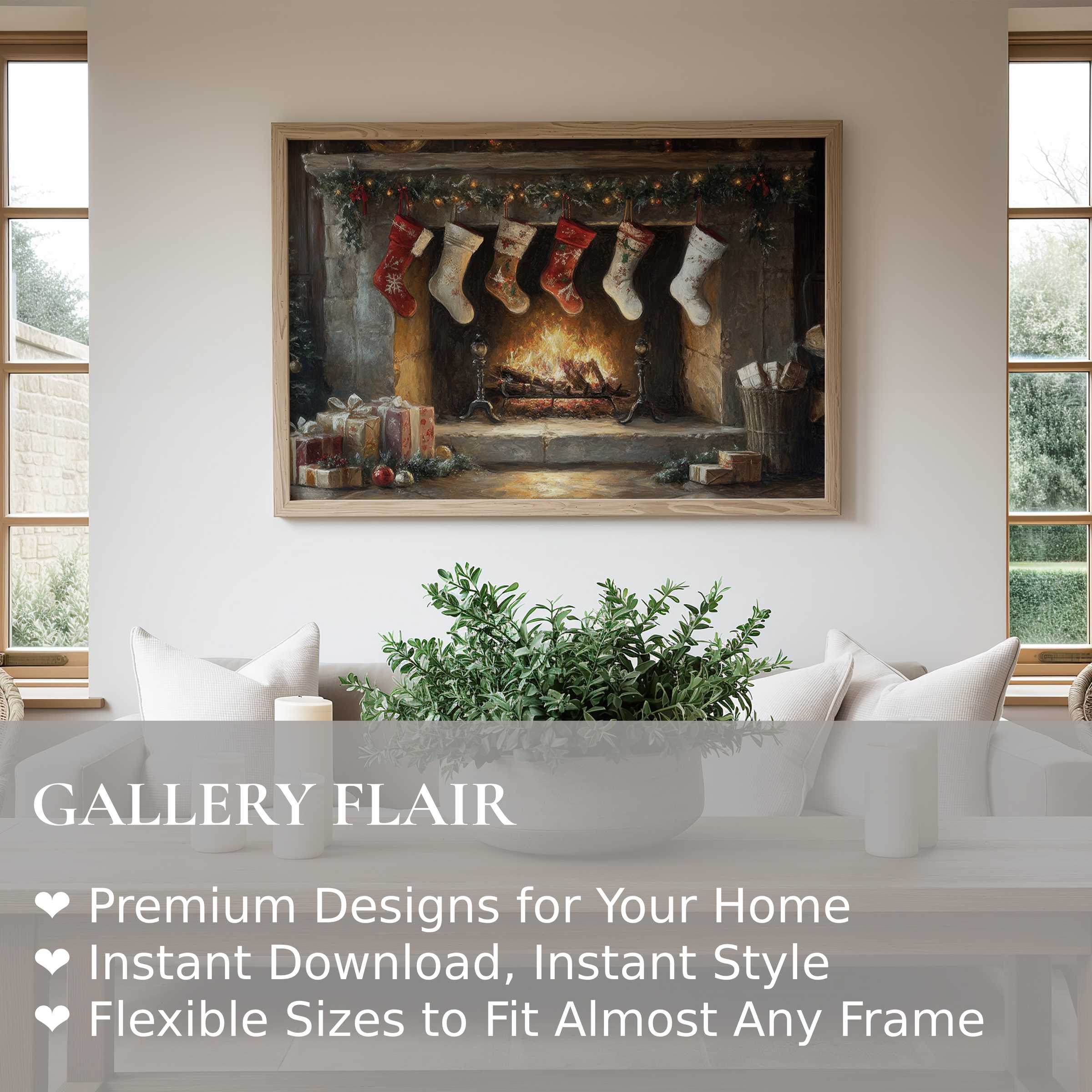 Christmas wall art print depicting a radiant, cozy fireplace with festive stockings and gifts, enhancing modern farmhouse interiors with warm holiday charm