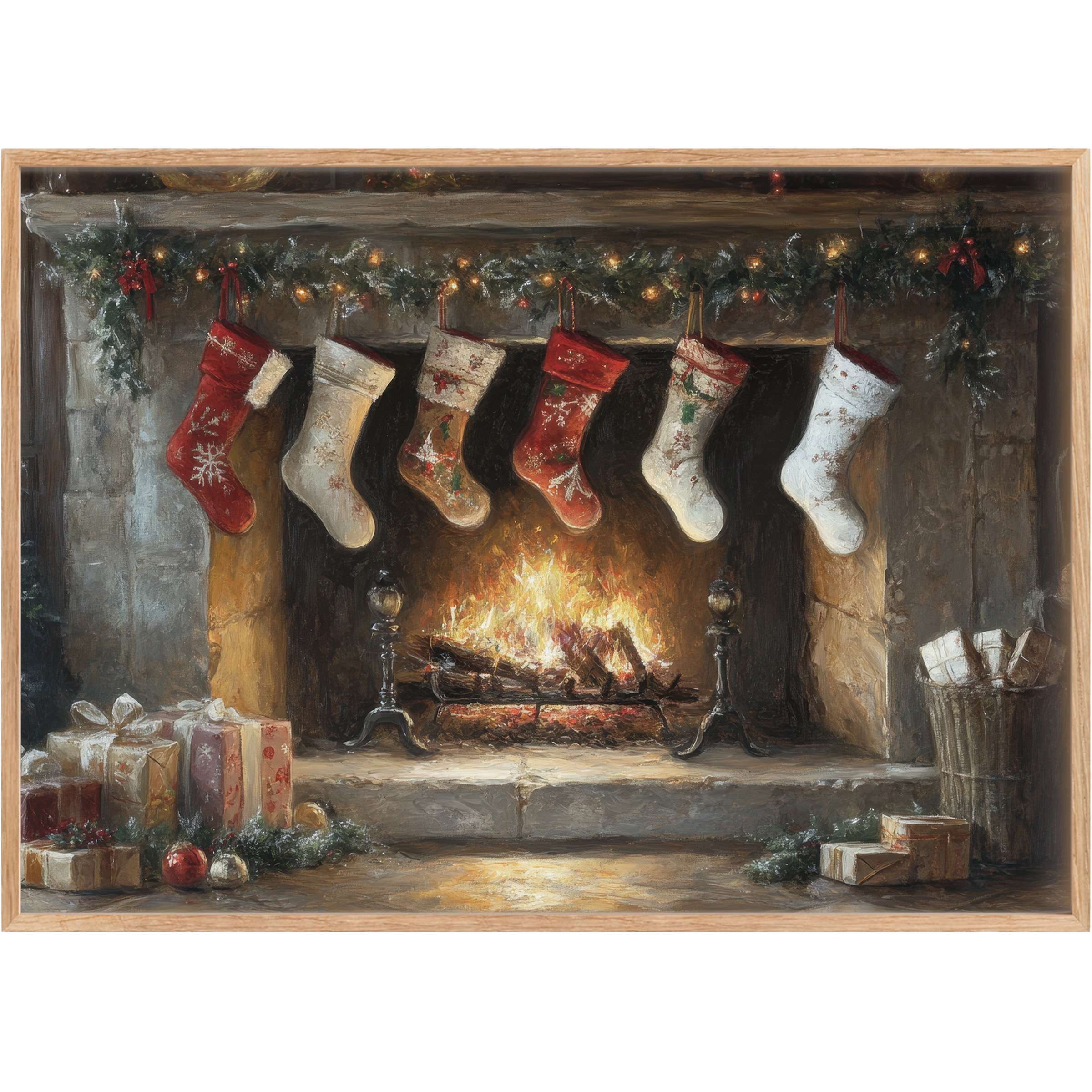 Christmas printable wall art featuring a cozy fireplace with glowing embers, red and cream stockings, and festive greenery creating a warm, inviting ambiance