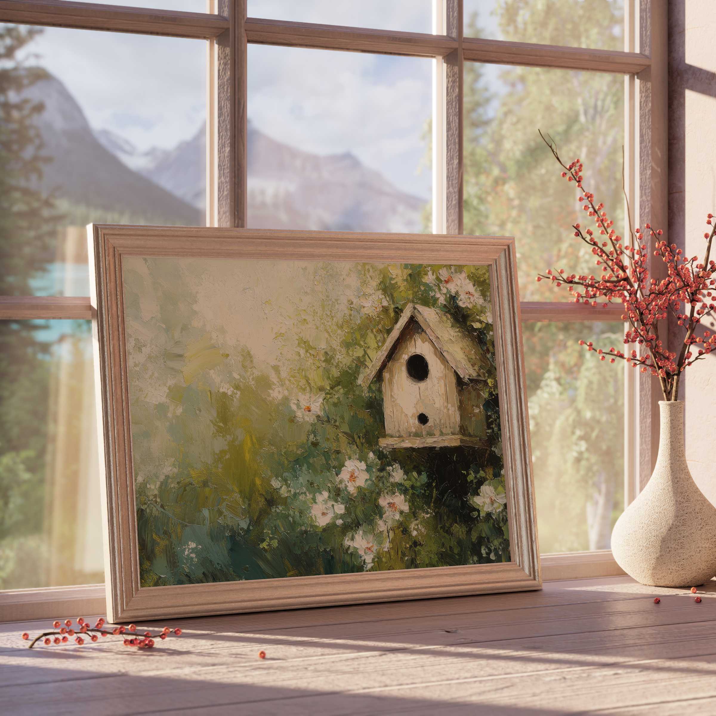 Spring downloadable art with serene birdhouse amid blooming florals, elevating tranquil, design-forward interiors with warm, natural charm