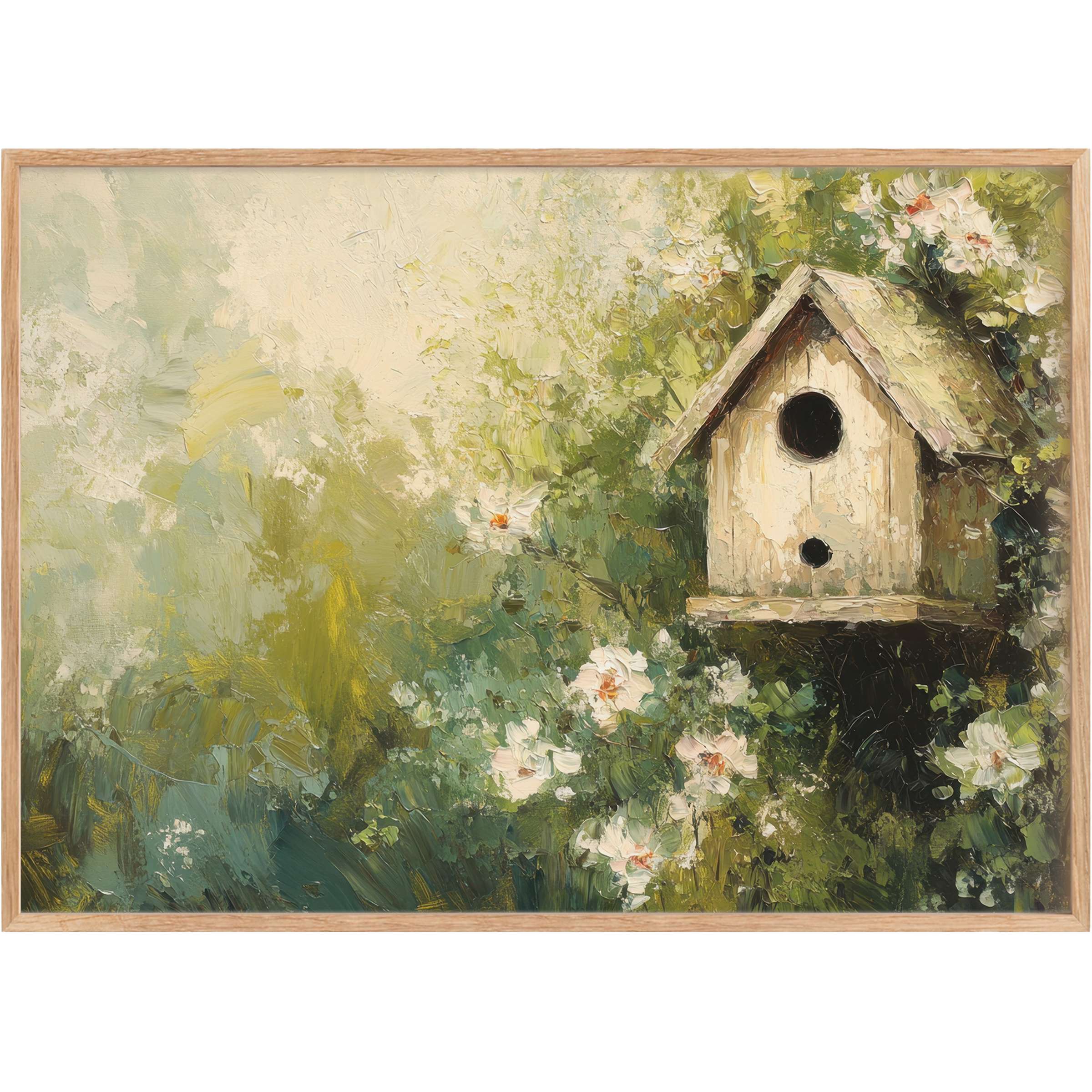 Spring printable wall art featuring a charming birdhouse amidst lush greenery and delicate white blooms, evoking serene and uplifting vibes