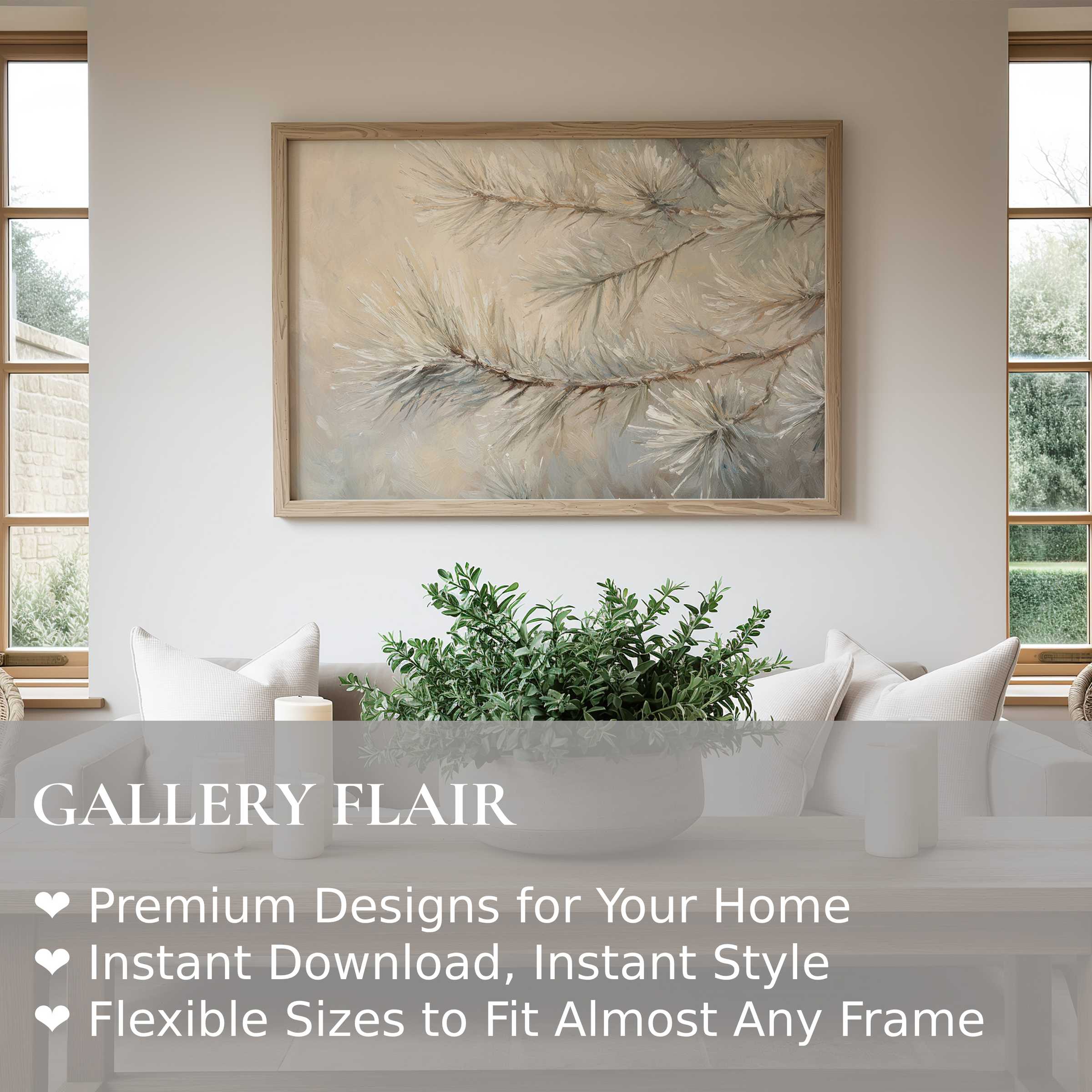 Winter wall art print of soft, frosted pine branches enhances this serene, modern living room with calming, natural elegance