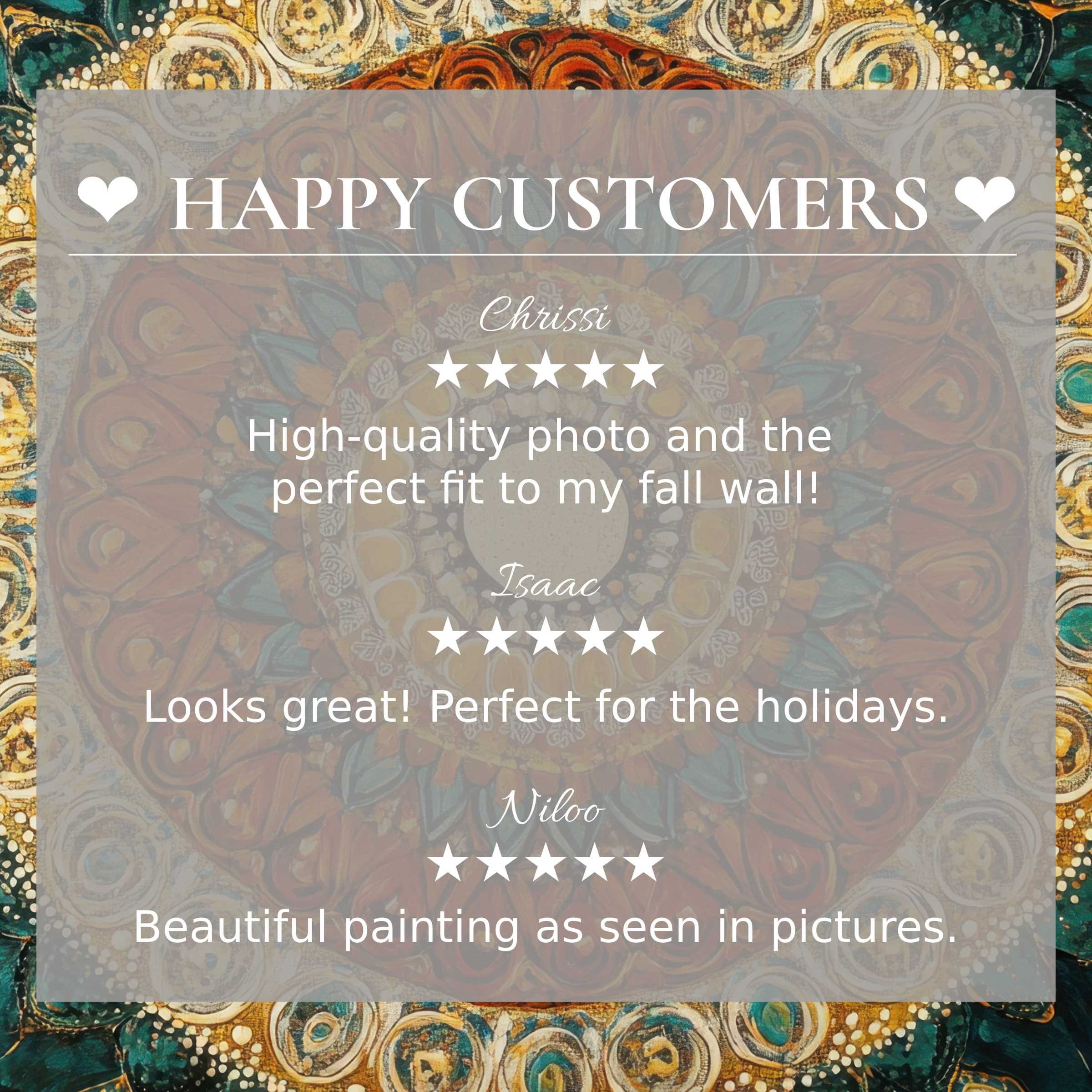 Boho art for Frame TV with abstract sunset hues, showing happy customer reviews and elegant, trustworthy design