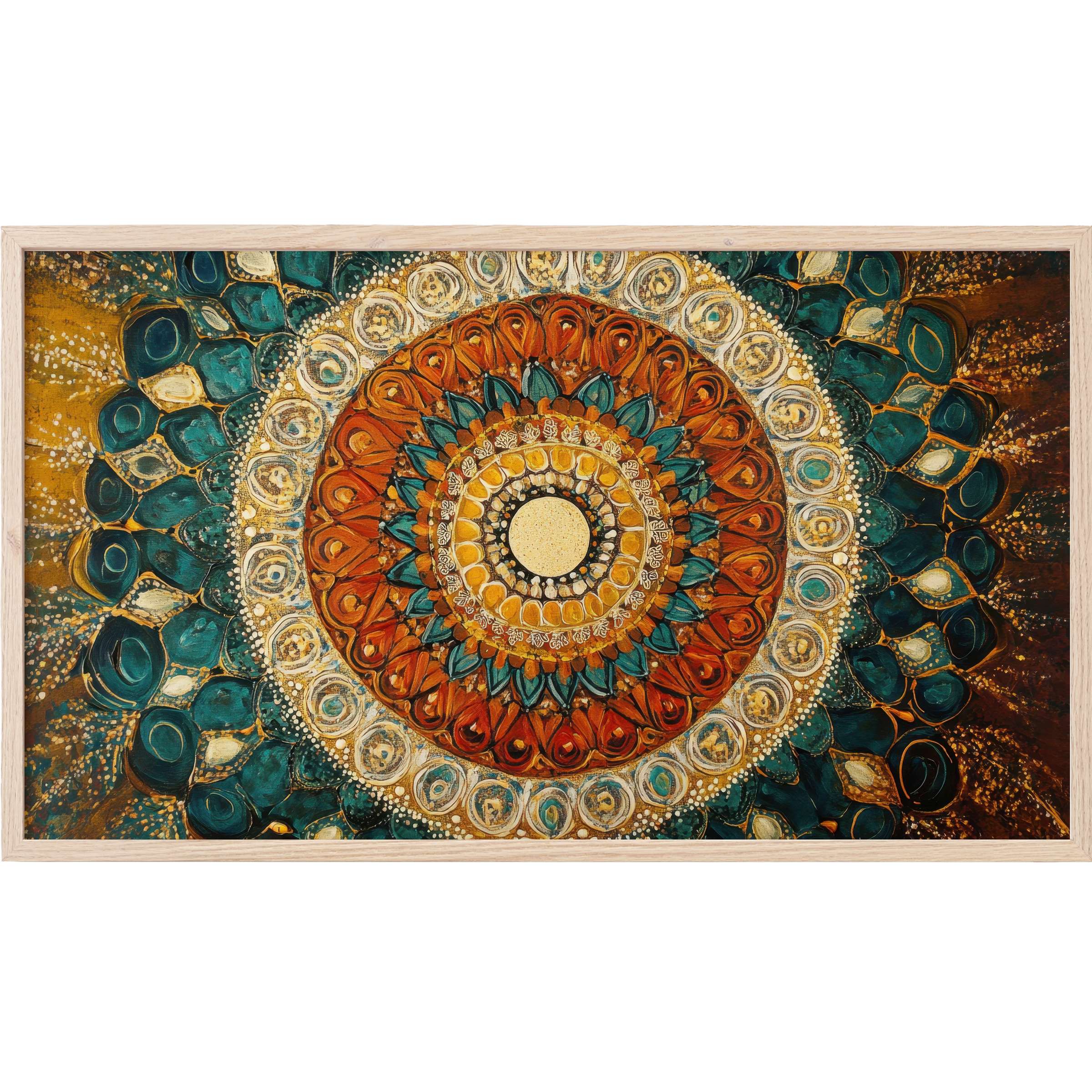 Boho Frame TV Art with intricate mandala design in teal, burnt orange, gold, and cream, rich and textured elegance