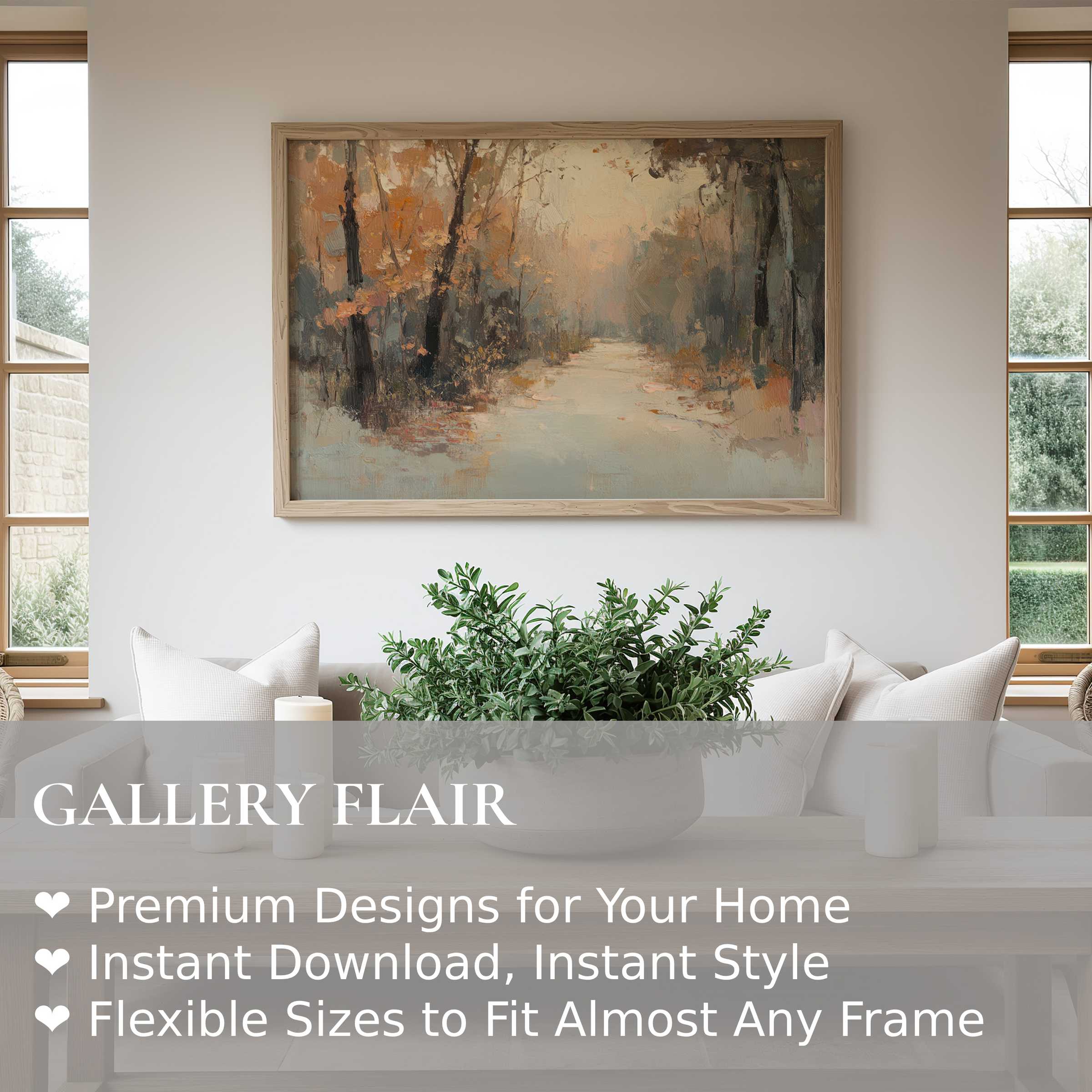 Fall wall art print capturing a serene autumn forest path in muted warm tones, enriching modern minimalist interiors with a calming, radiant ambiance