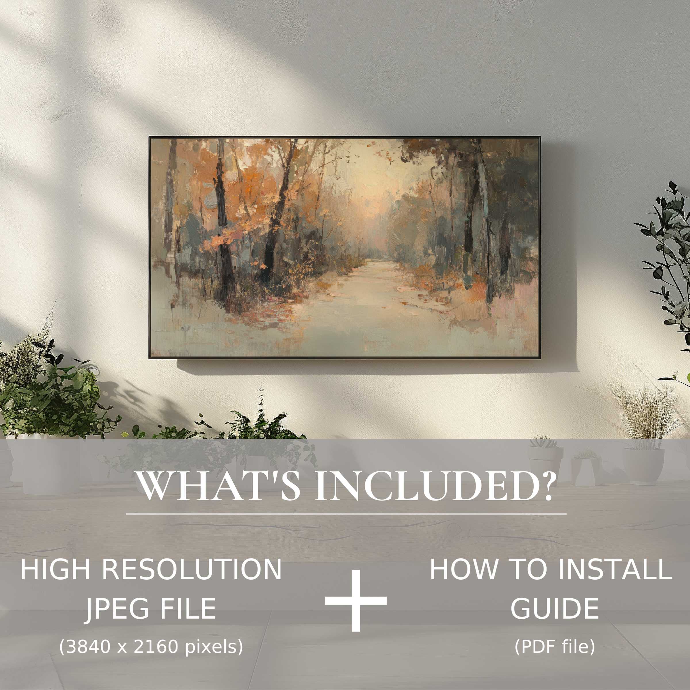 Fall digital TV art download: elegant autumn forest scene enhances living spaces with easy digital use and refined style