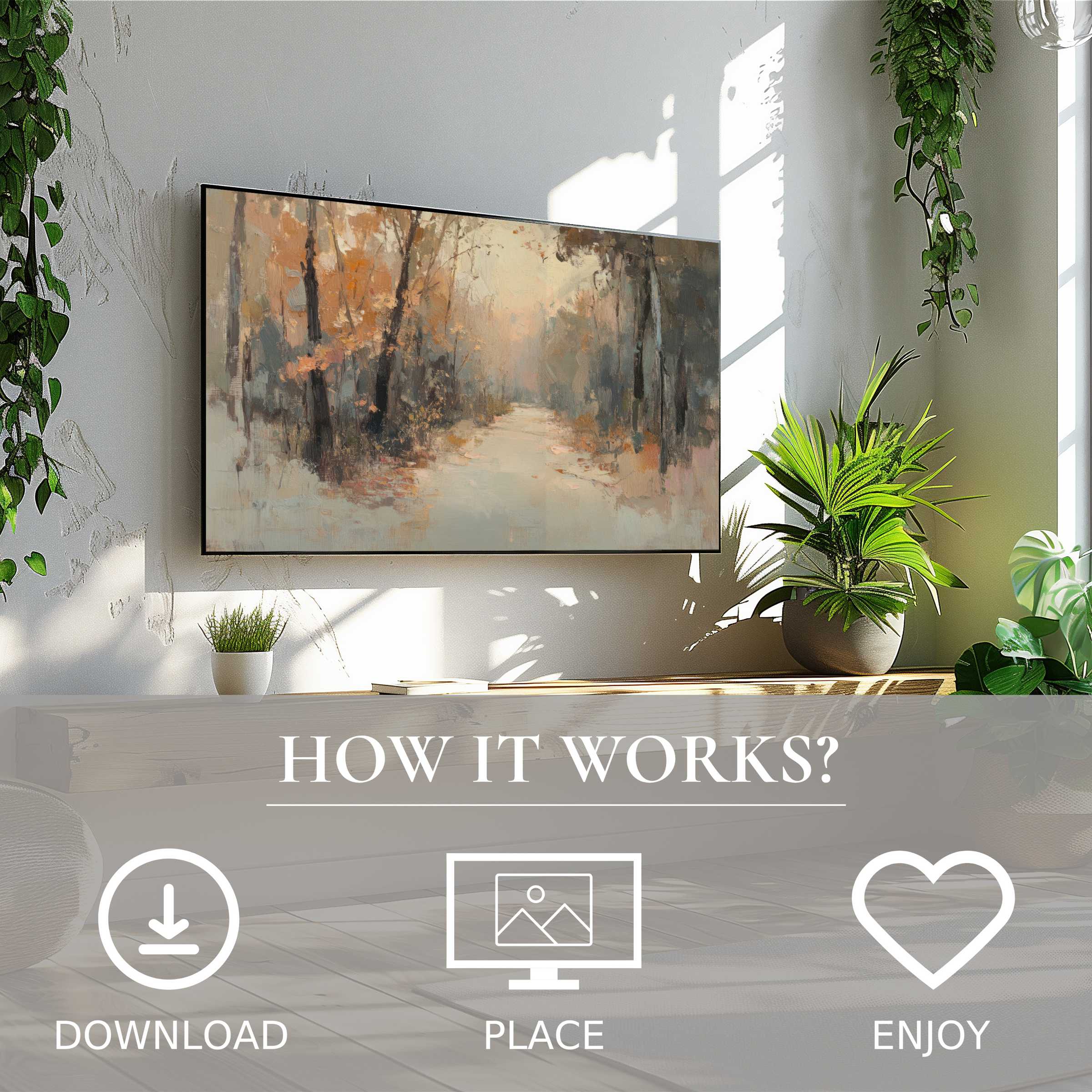 Fall art for Samsung TV shows soft, muted autumn tones on The Frame, easy digital download enriches modern living rooms