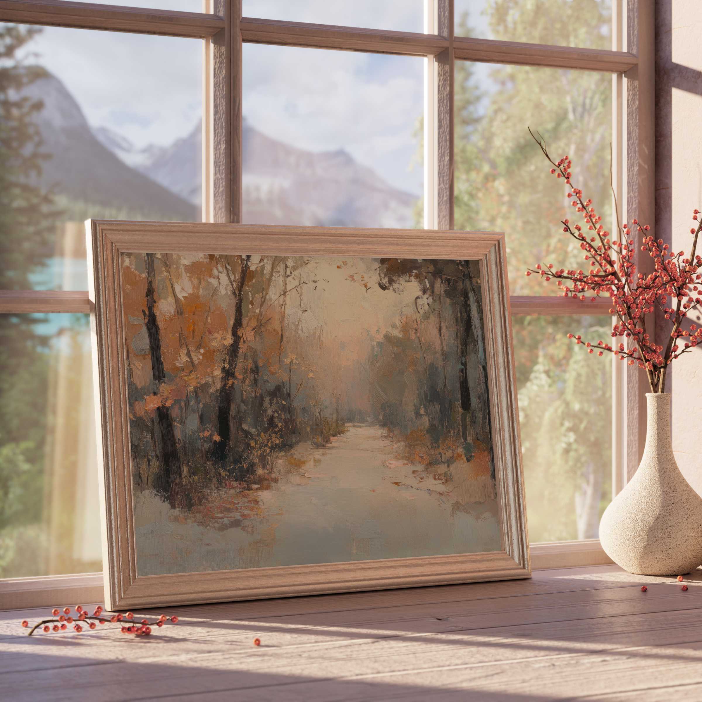 Serene fall downloadable art capturing a misty woodland path, infusing tranquil warmth and timeless elegance into curated interiors