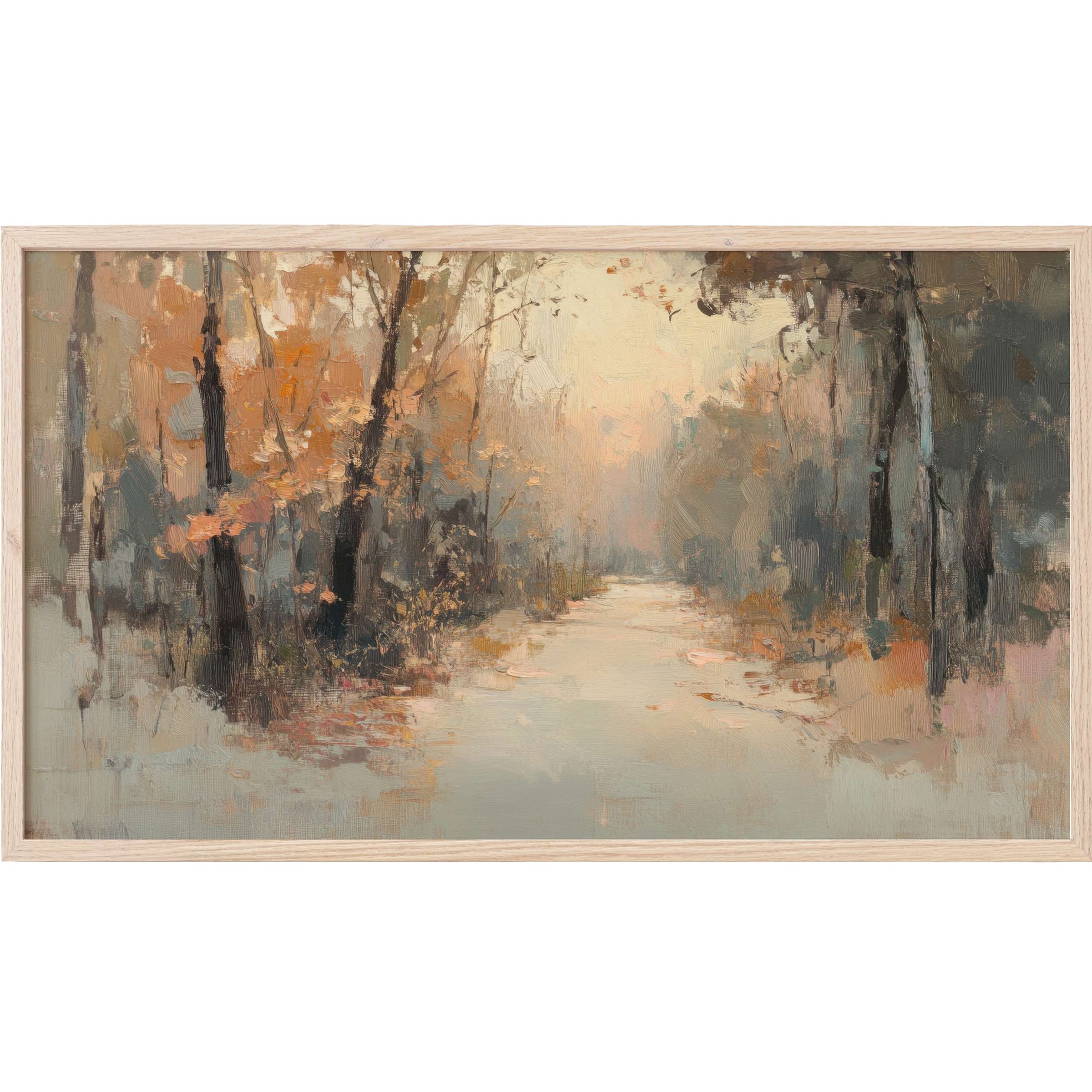 Fall Frame TV Art depicting a serene autumn forest path in muted oranges, greys, and soft neutrals, softly textured
