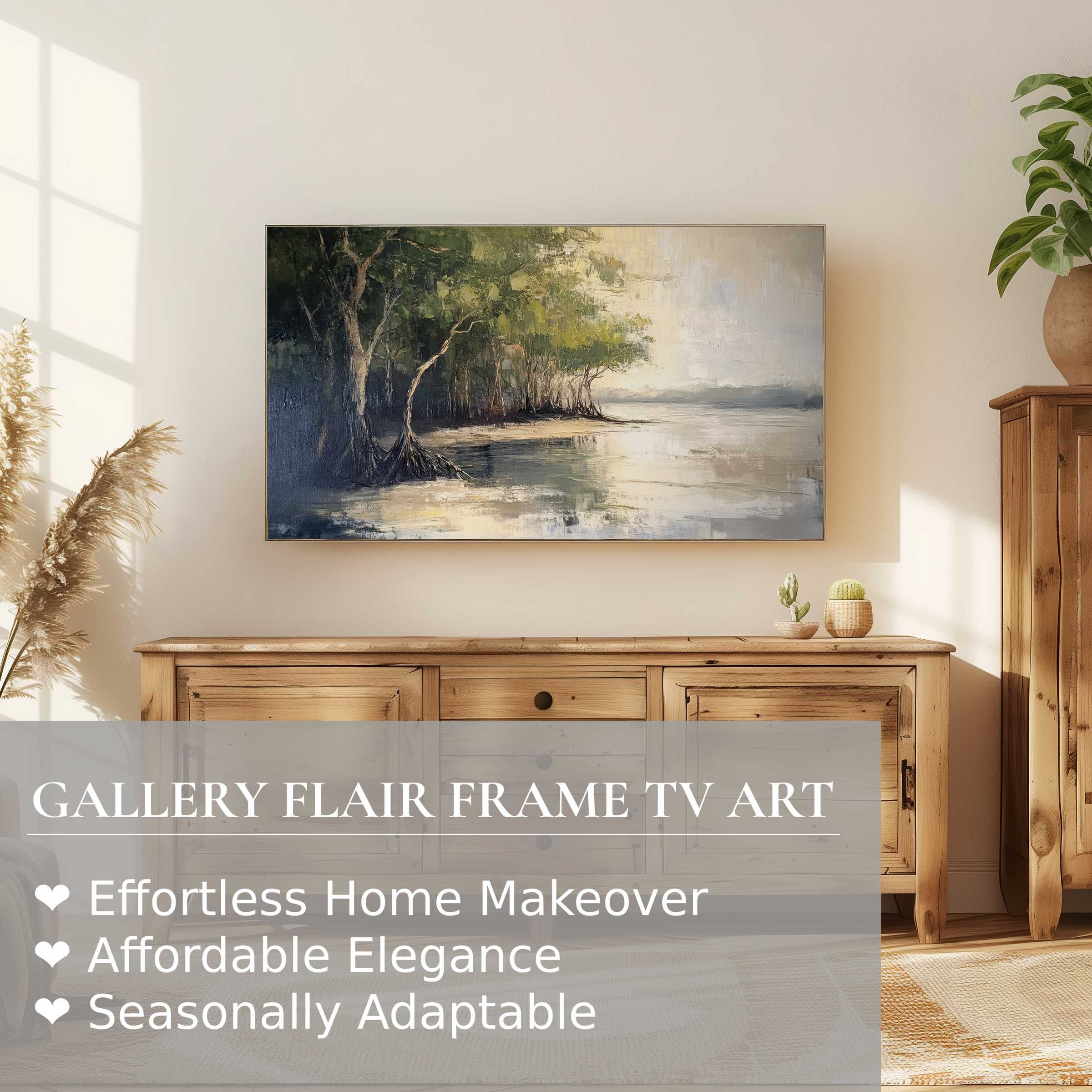 Samsung Frame TV displays serene beach digital artwork, blending natural textures with modern, elegant home decor