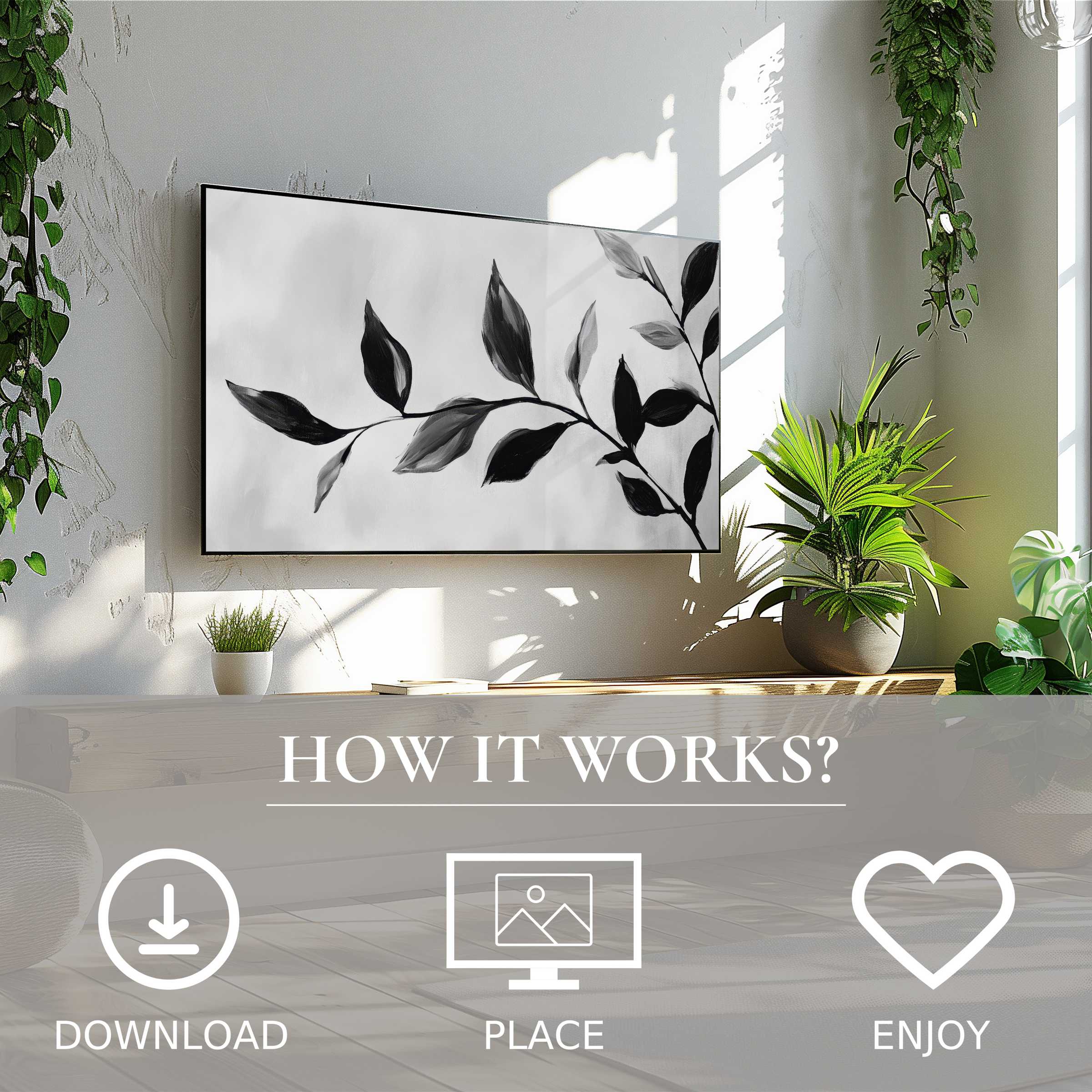 Black and white art for Samsung TV showing delicate leaf strokes; simple digital download enriches modern spaces