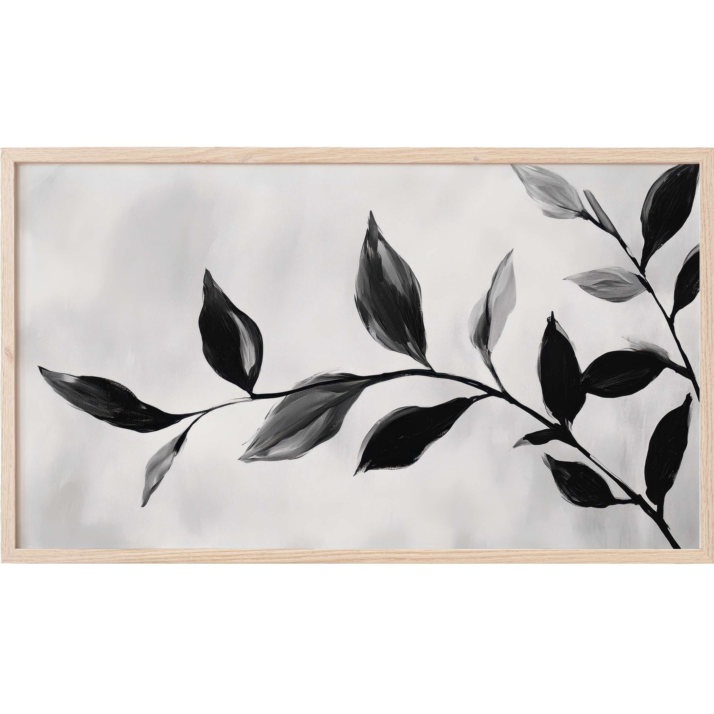 Elegant black and white Frame TV Art featuring a minimalist botanical branch with fluid brushstroke leaves