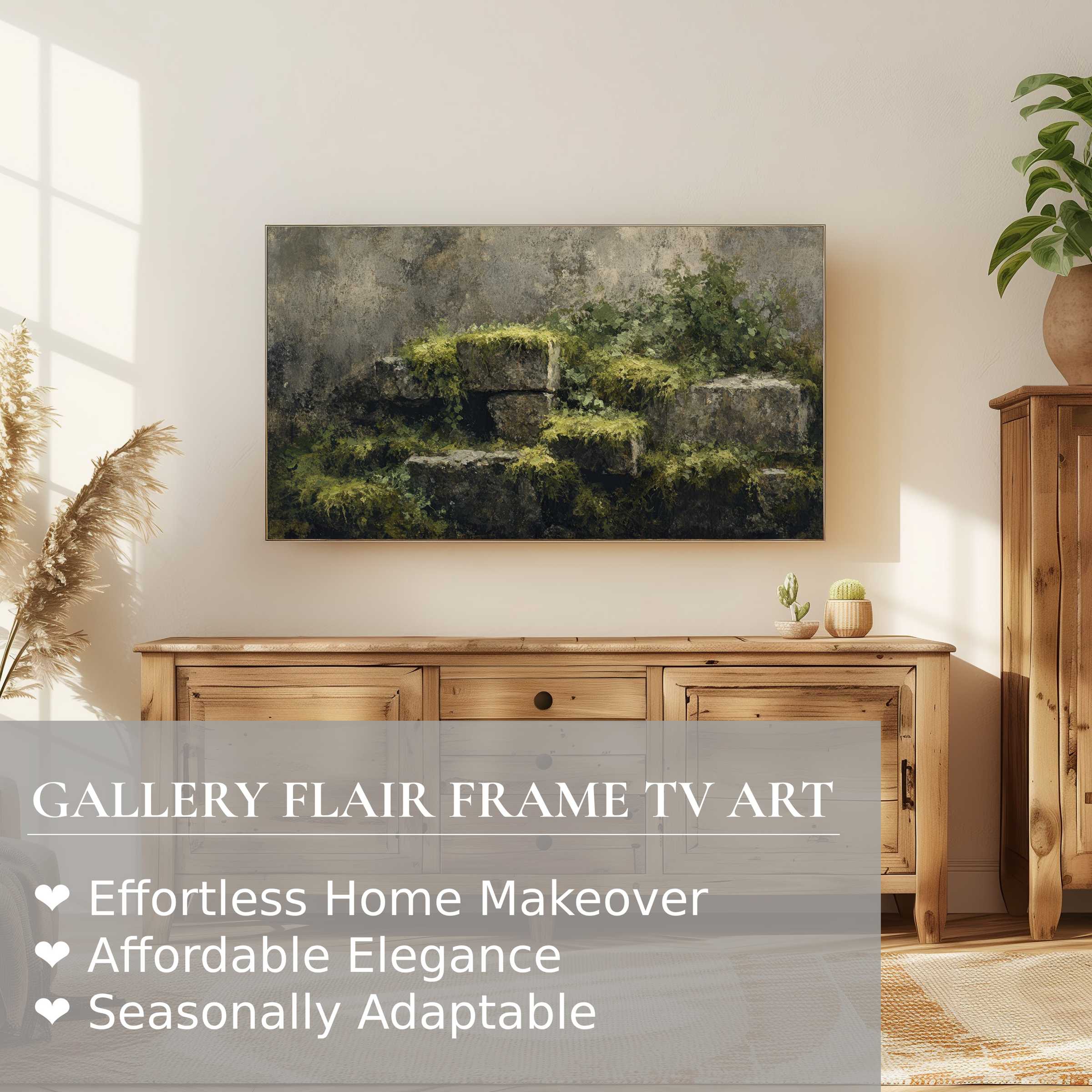 Samsung Frame TV displaying botanical digital artwork of mossy stone steps in a serene modern living room