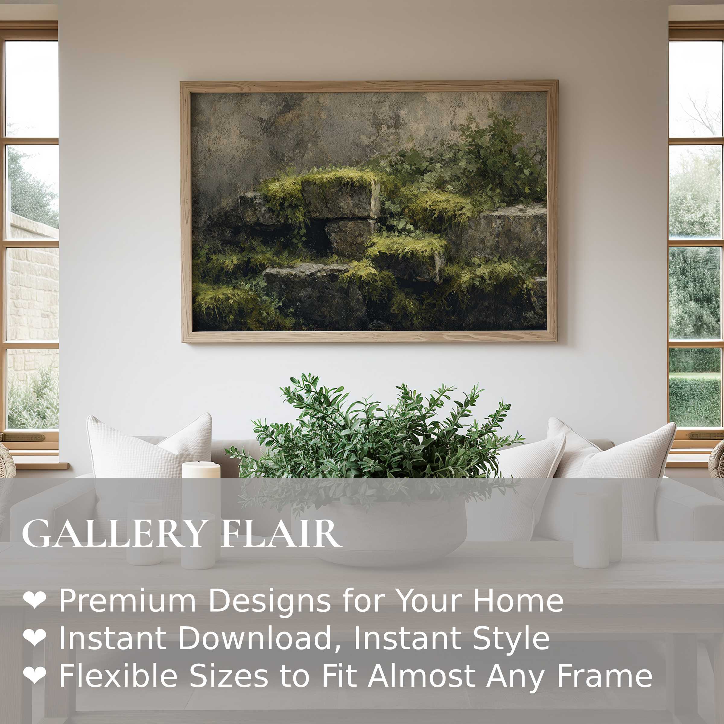 Botanical wall art print featuring moss-covered stone steps, evoking a serene, organic ambiance in a modern, minimalist living room