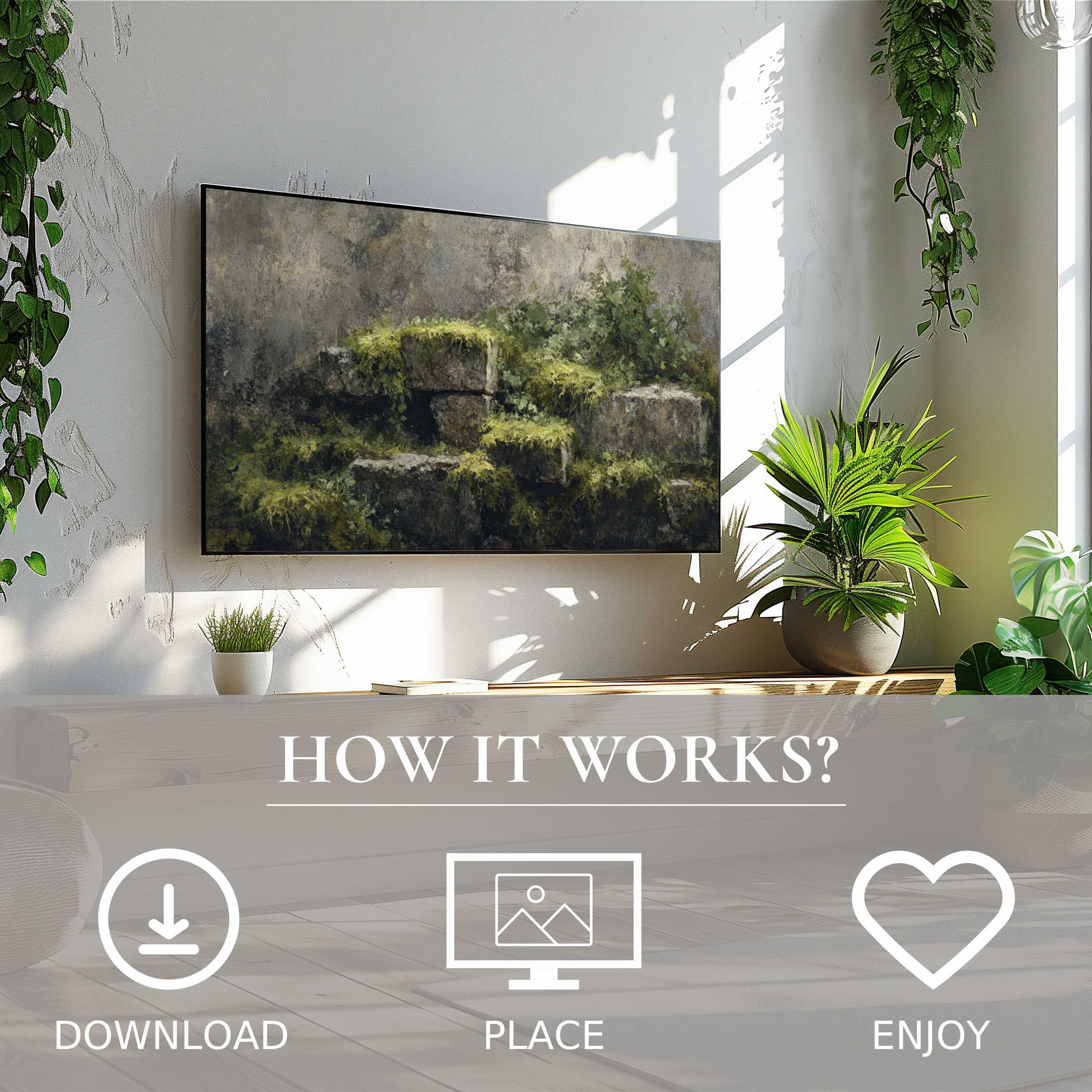Modern living room with botanical art for Samsung TV; mossy stone abstract enriches space via easy digital download