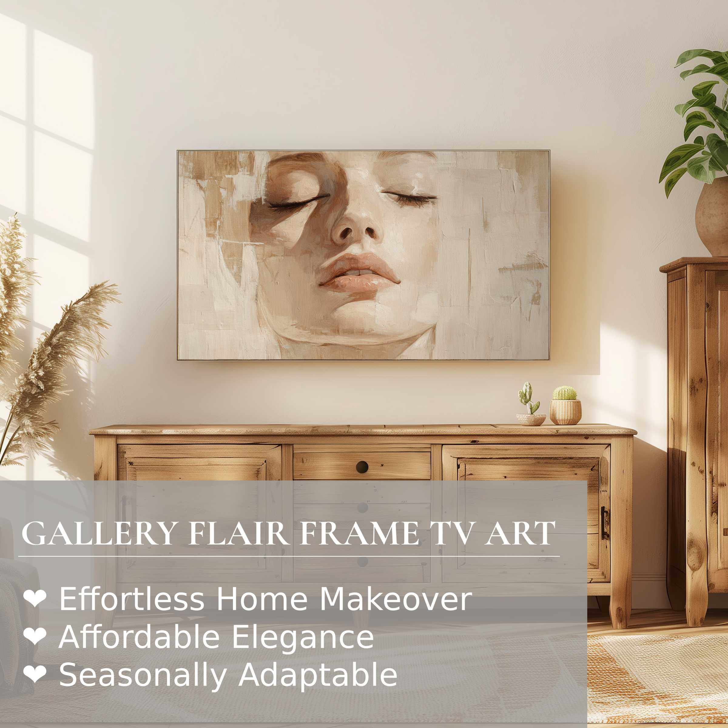 Modern neutral digital artwork of a serene face on Samsung Frame TV, enhancing natural wood decor with refined elegance