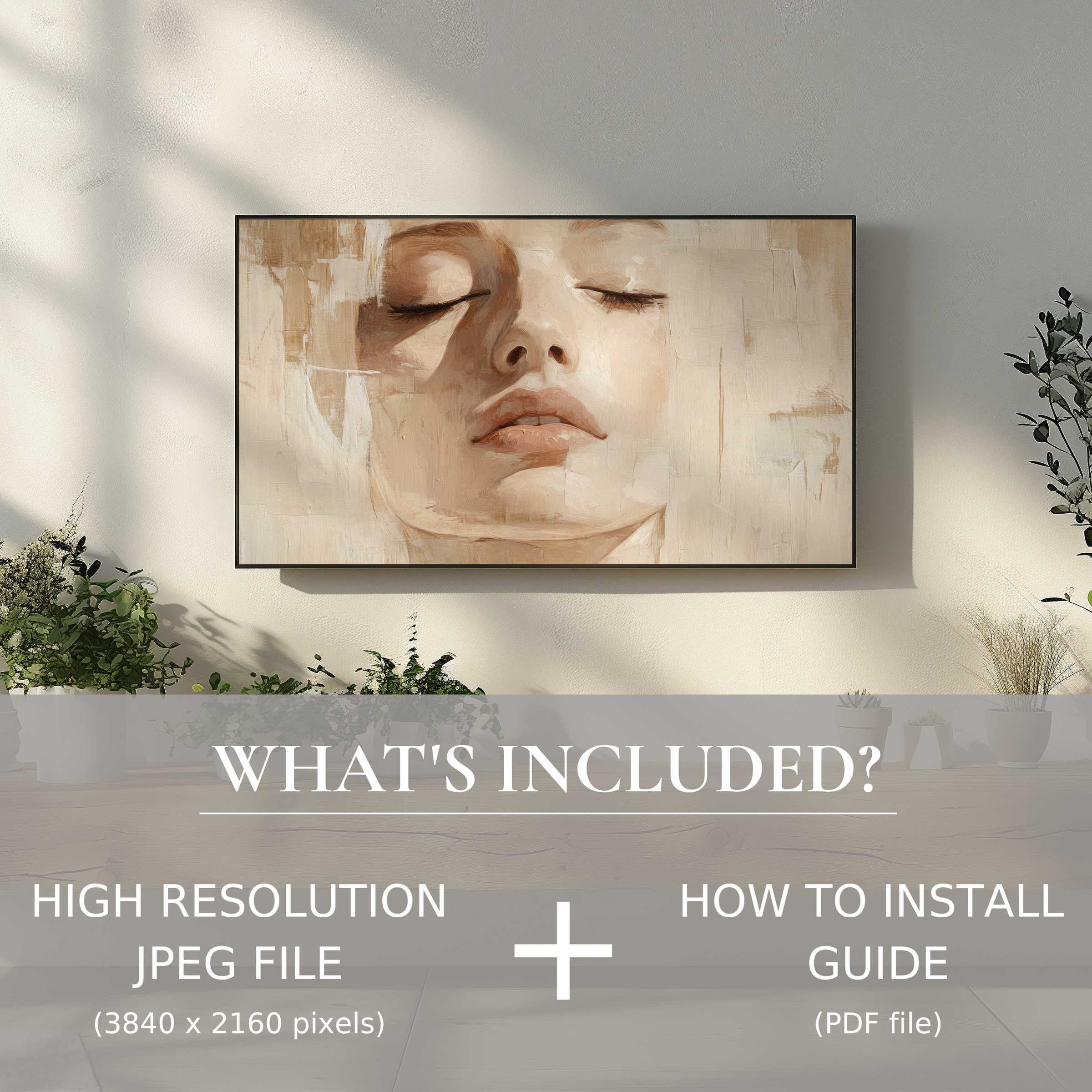 Elegant living room with neutral digital TV art download, enhancing space with easy digital use and modern style