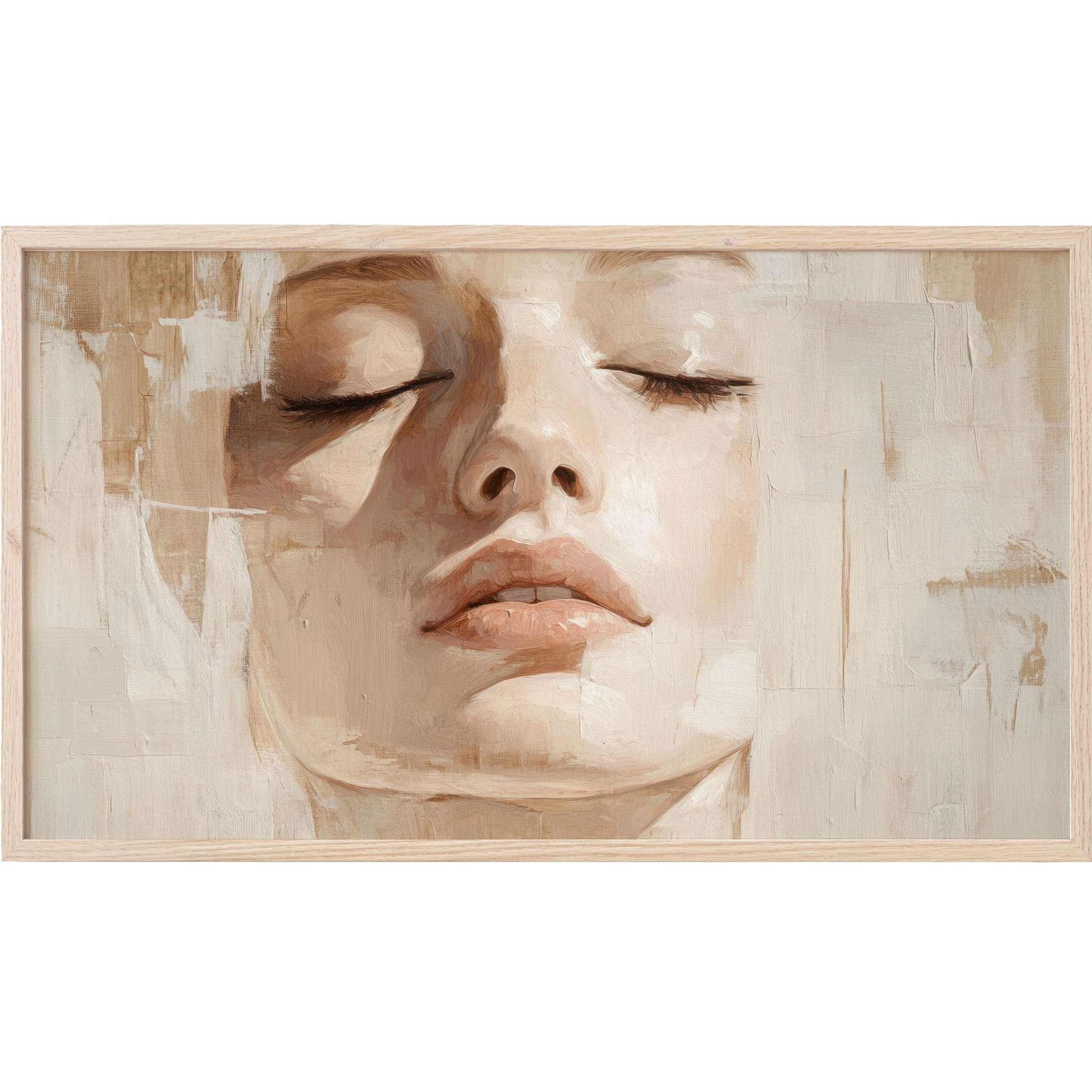 Soft, serene female face in beige and cream tones, textured with brushstrokes in neutral Frame TV Art style