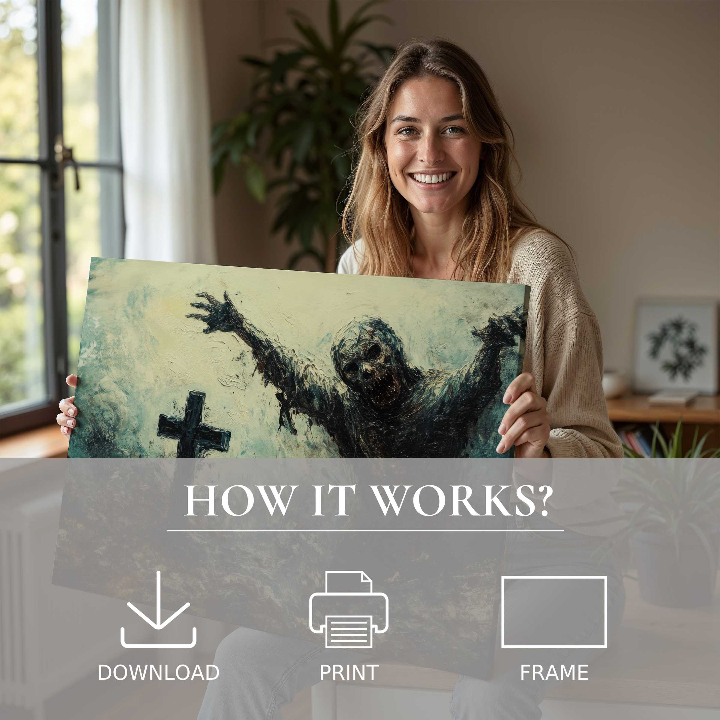 A serene moment of joy and connection with a haunting Halloween digital art print in a modern, stylish home