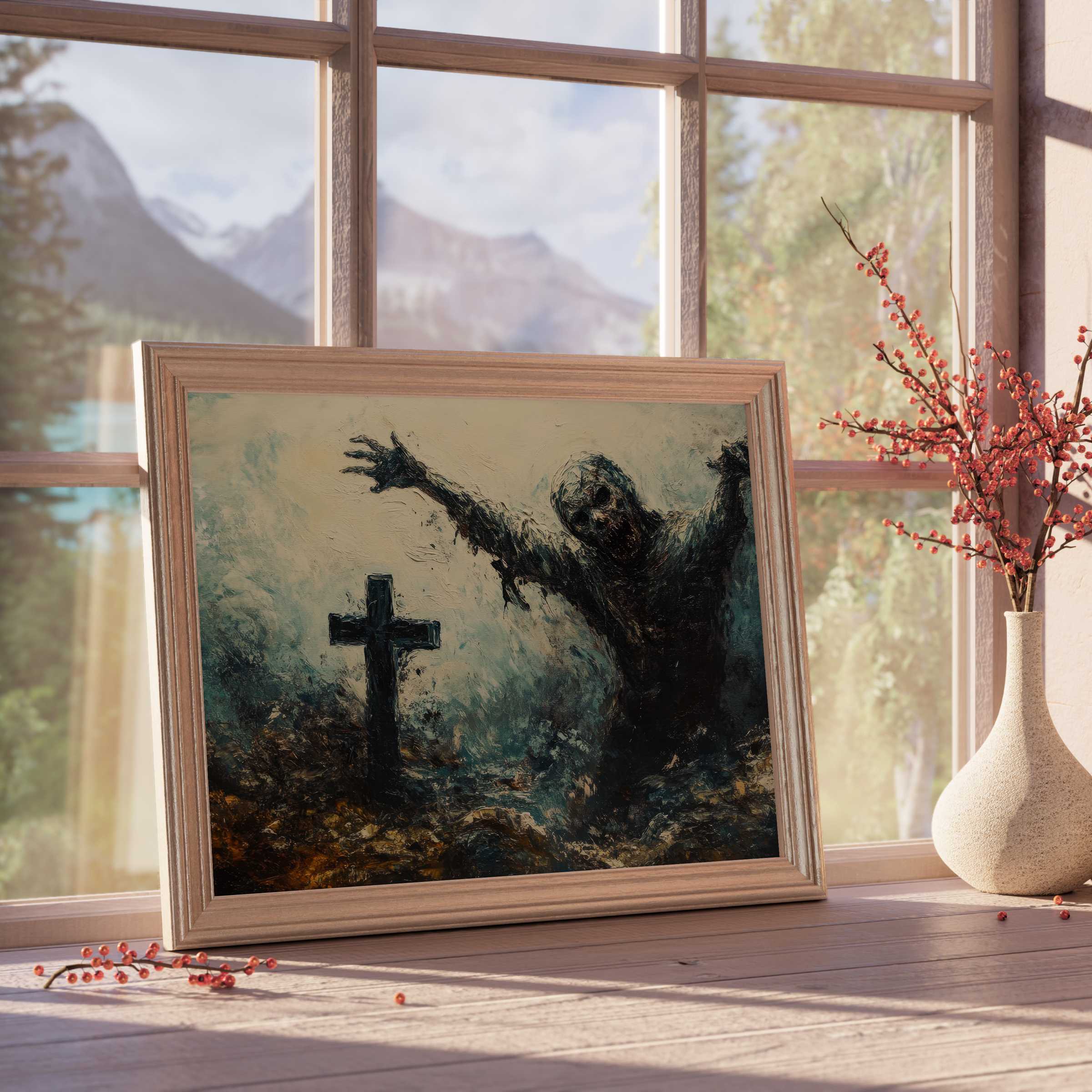 Halloween downloadable art evoking eerie mystery with a ghostly figure rising near a grave, perfect for curated seasonal interiors