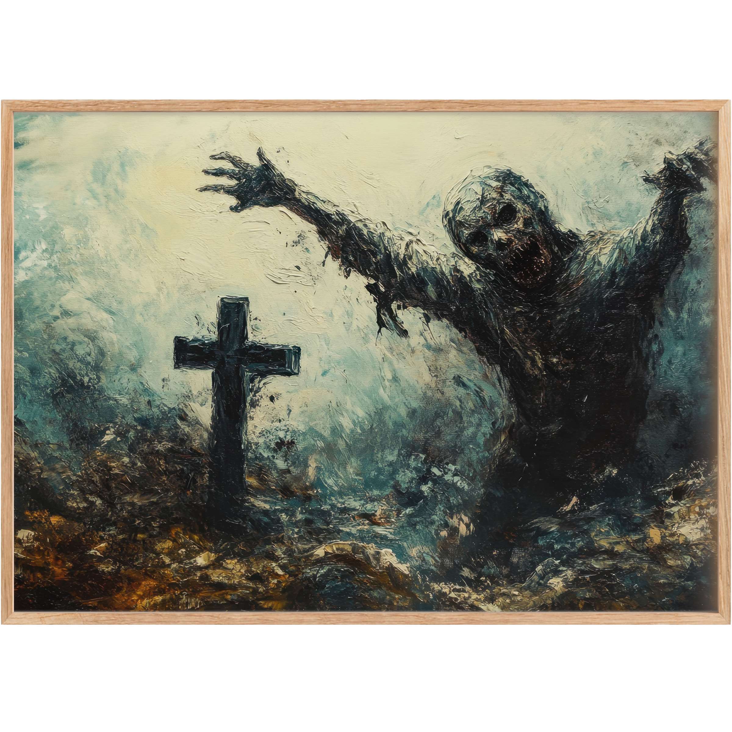 Haunting halloween printable wall art with a spectral figure rising beside a dark cross, evoking eerie blues and shadowed earth tones for a chilling, immersive ambiance