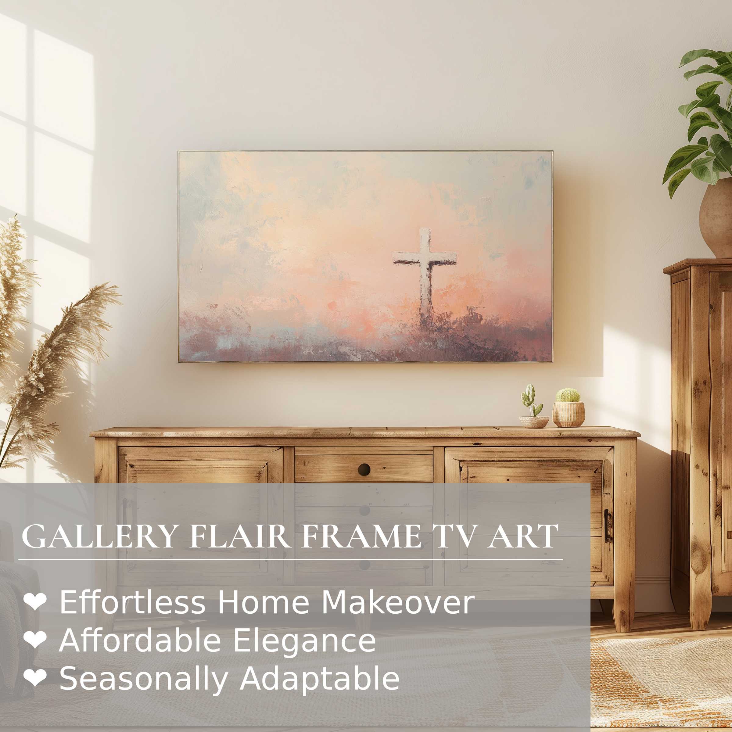 Elegant Samsung Frame TV in serene room displaying soft pastel easter digital artwork with cross motif