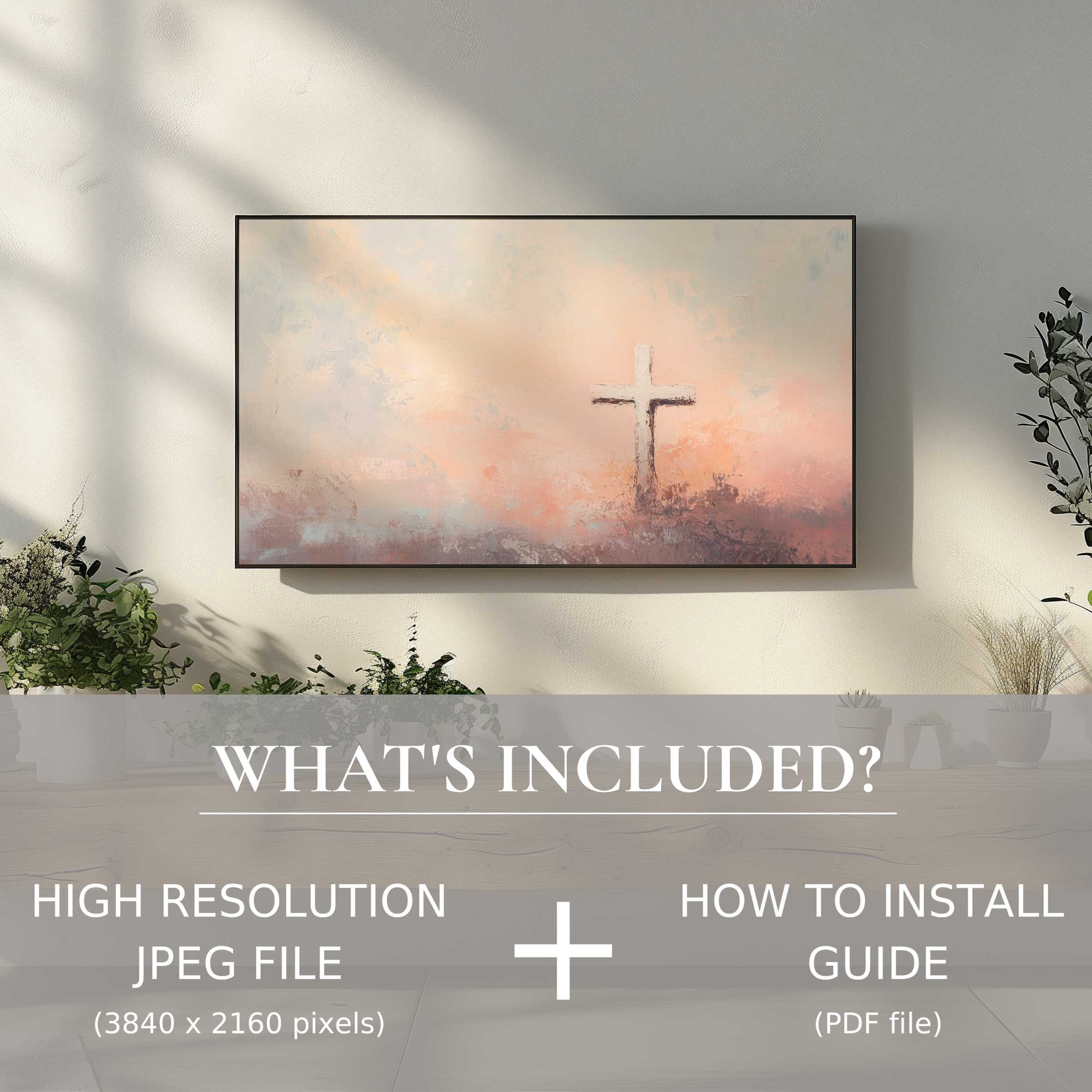 Elegant easter digital TV art download featuring a serene cross, enhancing modern living spaces with effortless digital use
