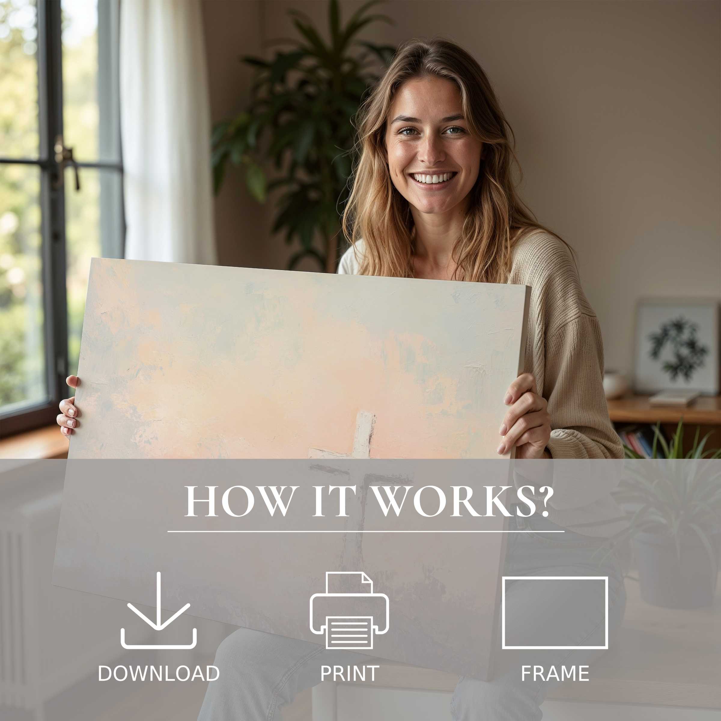 Sunlit moment of serene connection as a woman reveals an Easter digital art print, inviting joy and effortless elegance into modern living