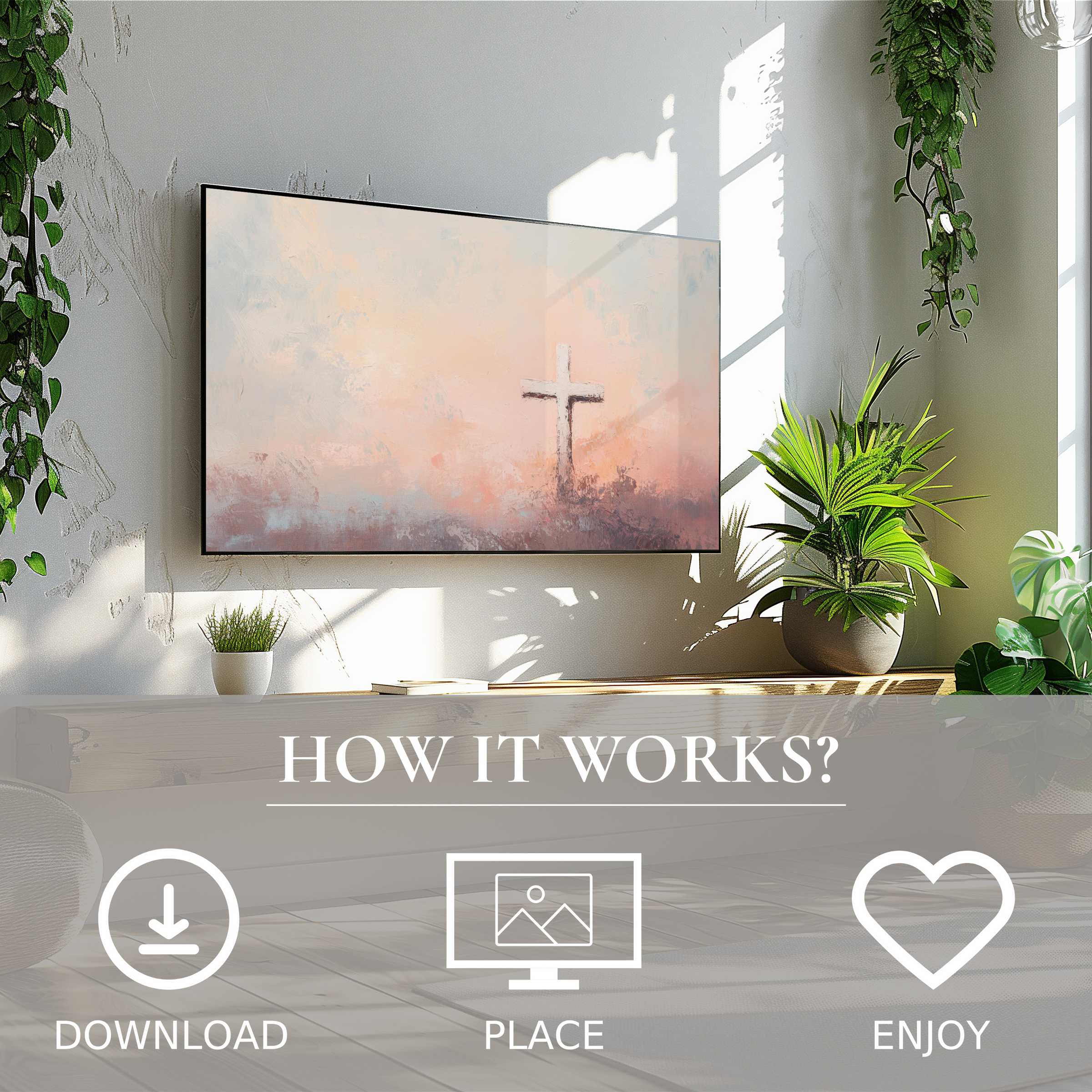 Modern living room with easter art for Samsung TV, featuring soft sunset tones; easy digital download enhances decor