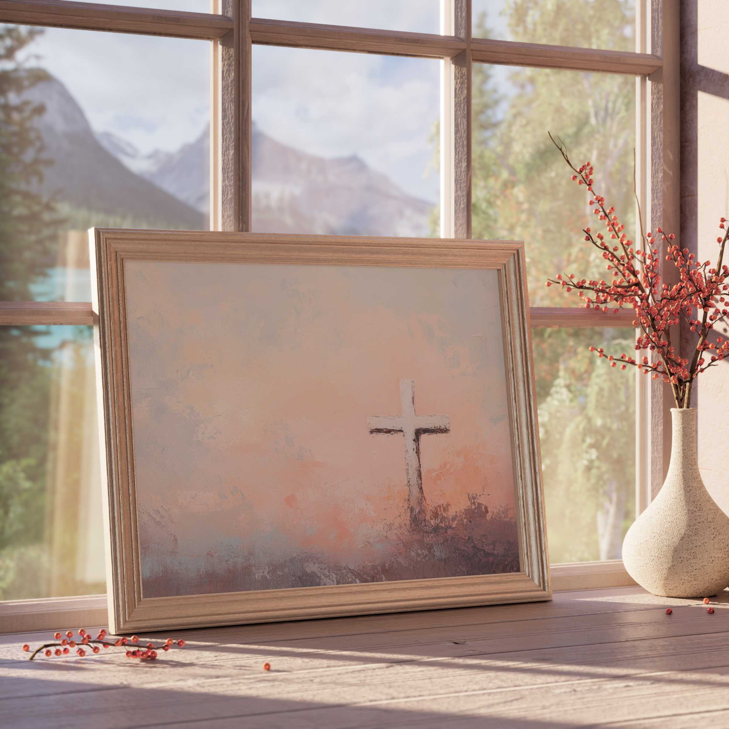 Easter downloadable art featuring a serene cross at dawn, infusing curated interiors with warm tranquility and spiritual grace
