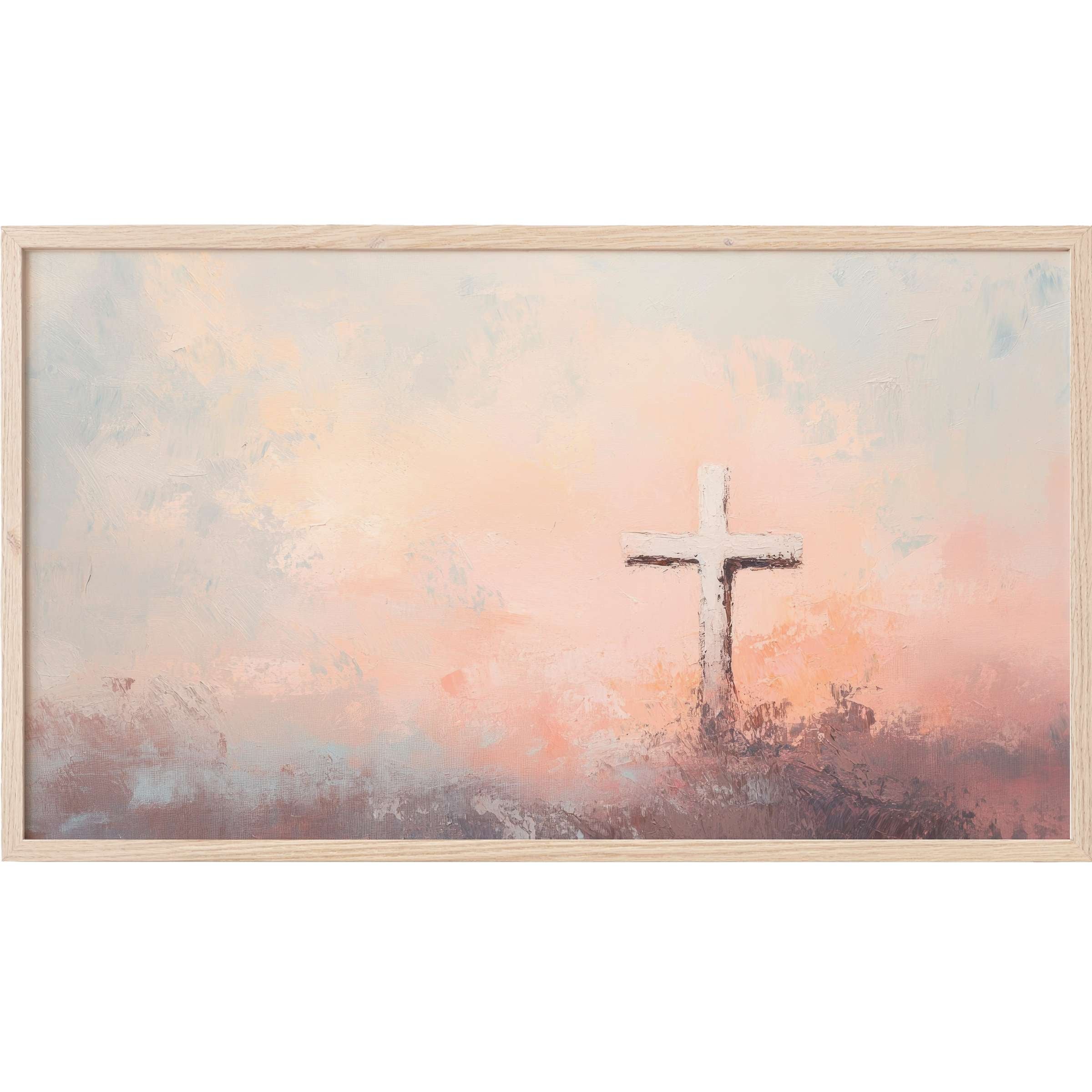 Subtle cross silhouette in muted pastels with soft brushstrokes, an elegant easter Frame TV Art for refined decor