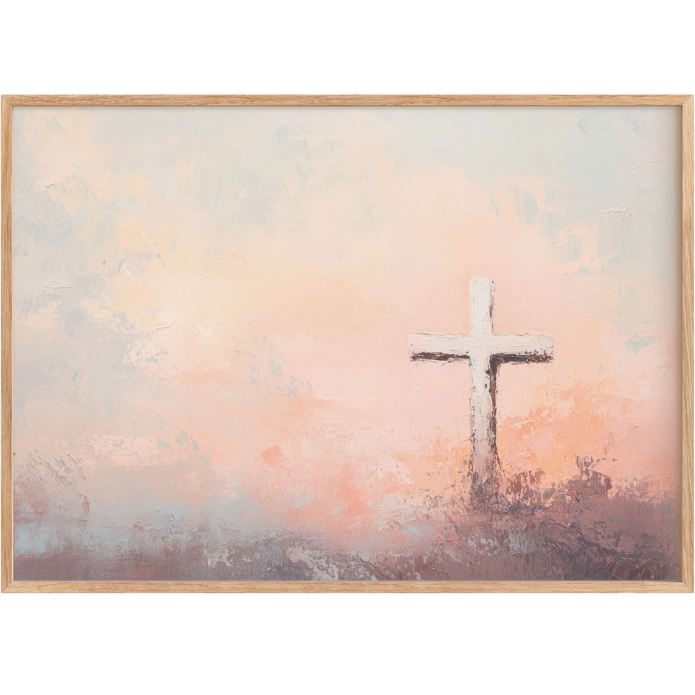 Easter printable wall art featuring a serene cross in soft pastel pinks and lavenders, evoking peaceful, hopeful ambiance
