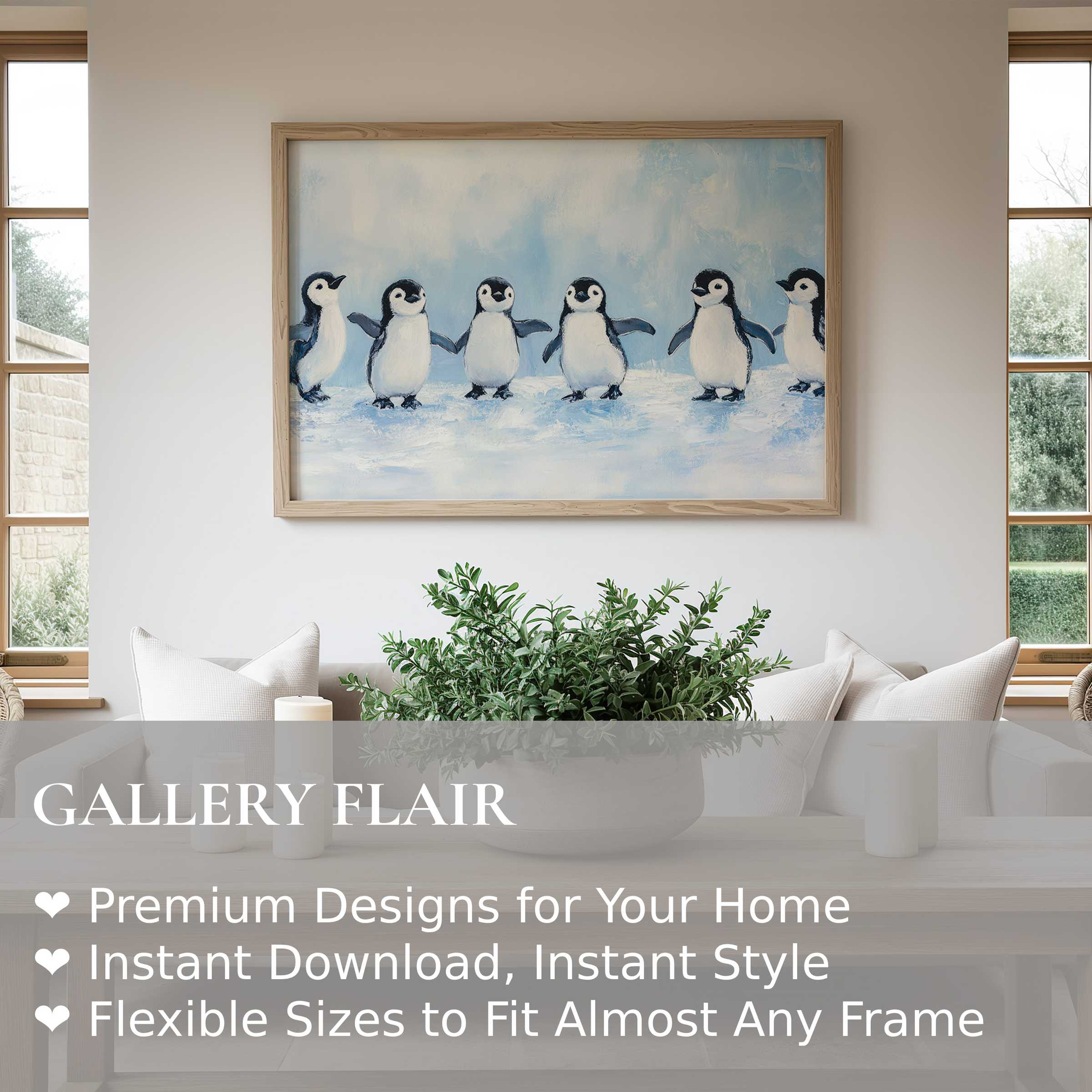 Nursery wall art print featuring softly painted penguin chicks in a serene, modern minimalist living space, adding charm and warmth